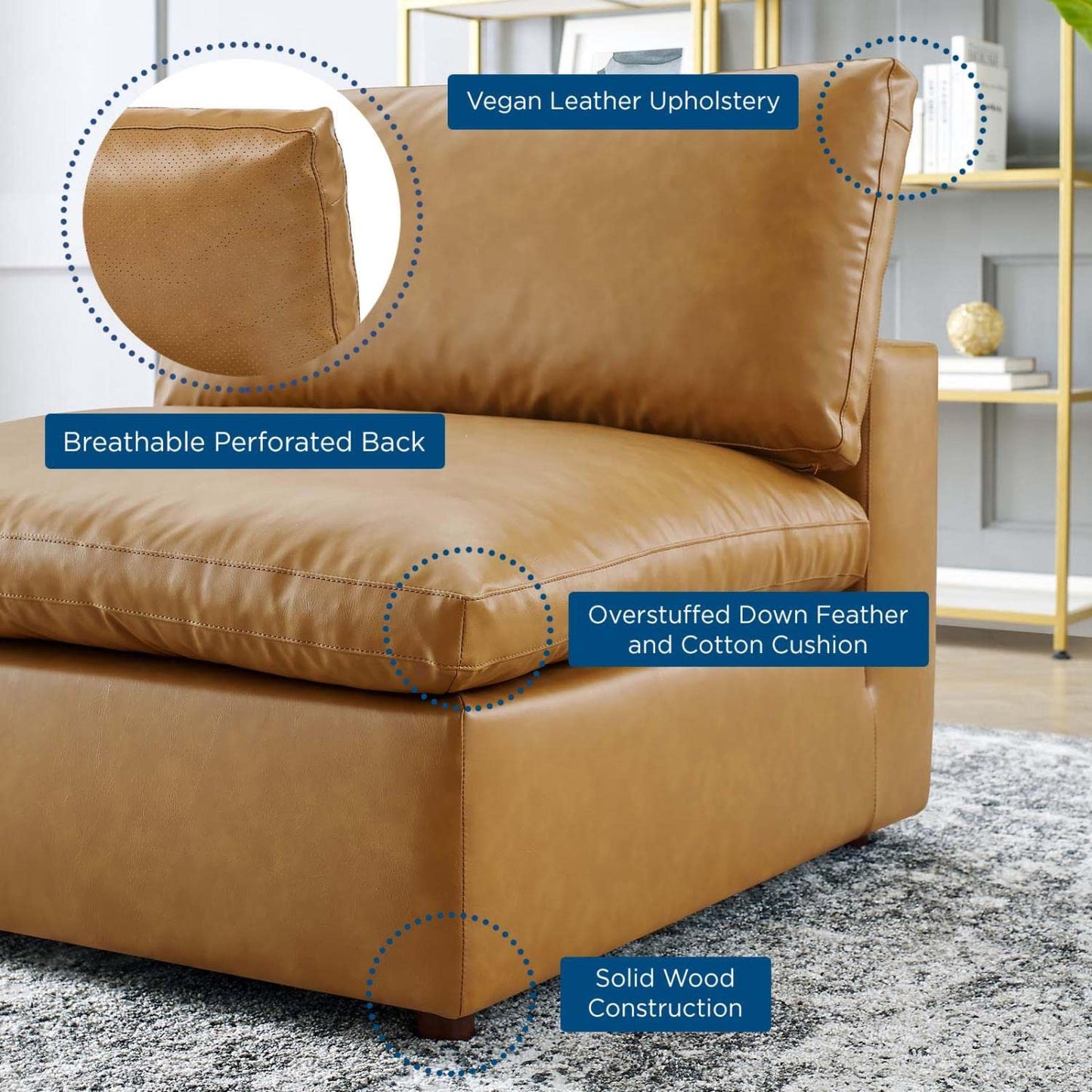 Modway Modular Sofa Commix Down Filled Overstuffed Vegan Leather Armless Chair, Tan