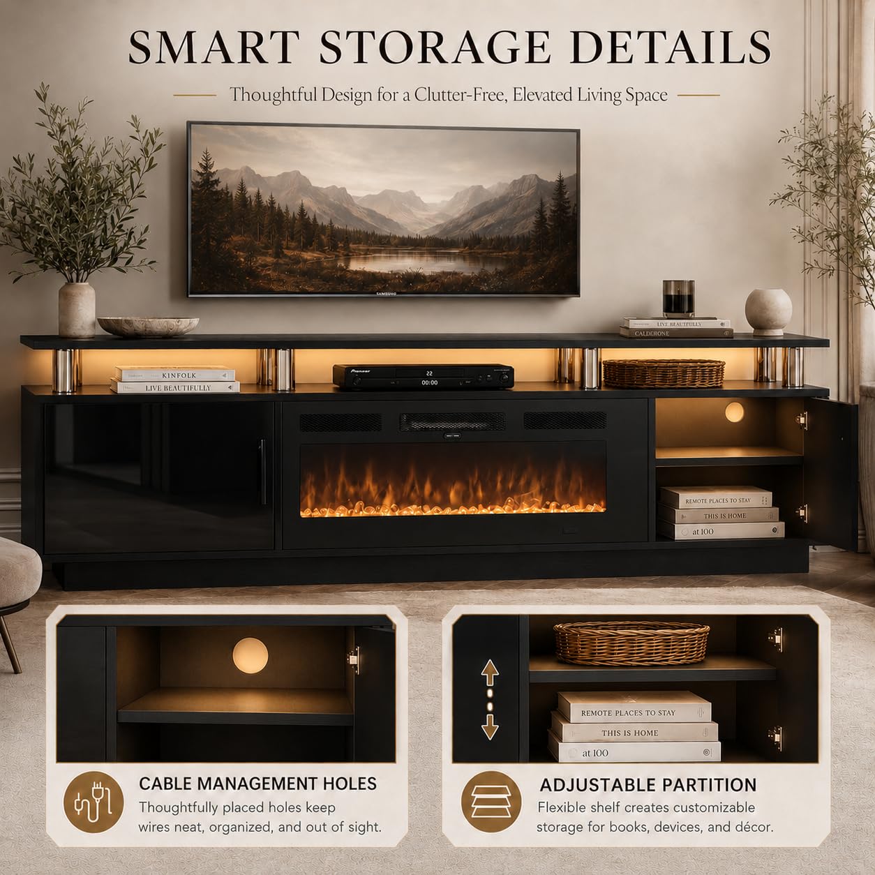 OneBlis 70" TV Stand for Living Room, Modern Entertainment Center & Media Console, Fits TVs up to 80", Storage Cabinet with Shelves, 36" Electric Fireplace with LED Flame (All Black)