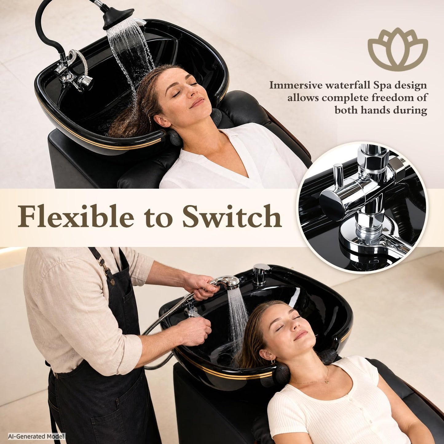 Oakvera Shampoo Bowl and Chair Set of 2 for Salon, Hair Washing Station Barber Backwash Unit with Ceramic Sink, Independent Footstool, Neck Rest & Head Pad, for Beauty Salon, Spa & Barbershop