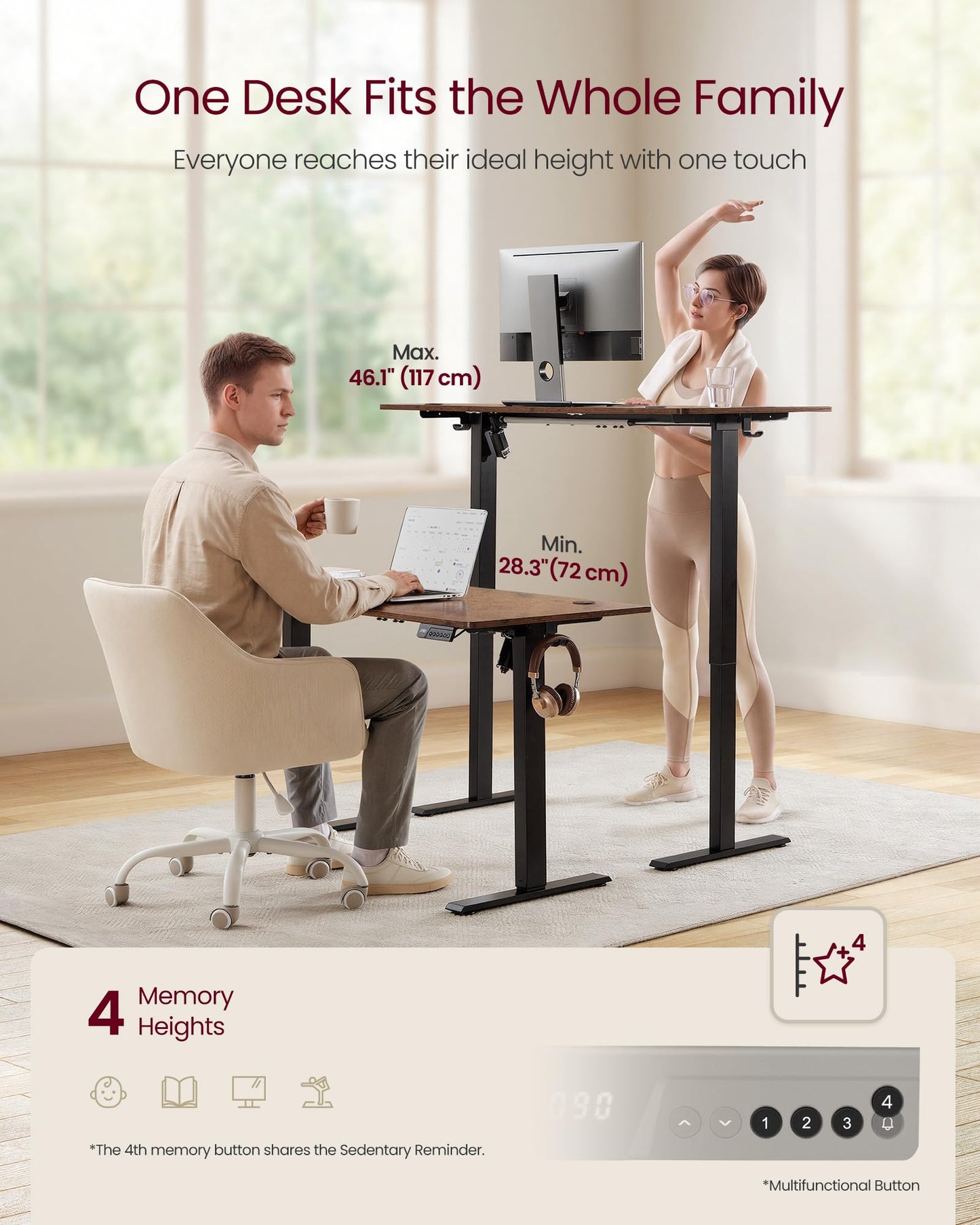 VASAGLE Electric Standing Desk, Stand Up Desk, 4 Memory Heights, Sedentary Reminder, for Home Office, 63 x 27.6 Inches, Rustic Brown ULSD316KD02S