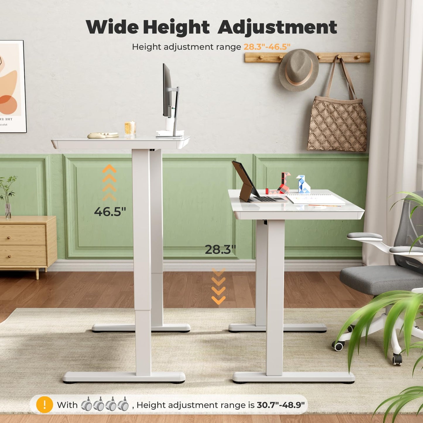 JYLH JOYSEEKER Glass Electric Standing Desk with Drawer, 35" x 20" Whole Piece Small Sit Stand Table, Height Adjustable Desk with Storage & USB Ports, Quick Install Home Office Computer Desk, White