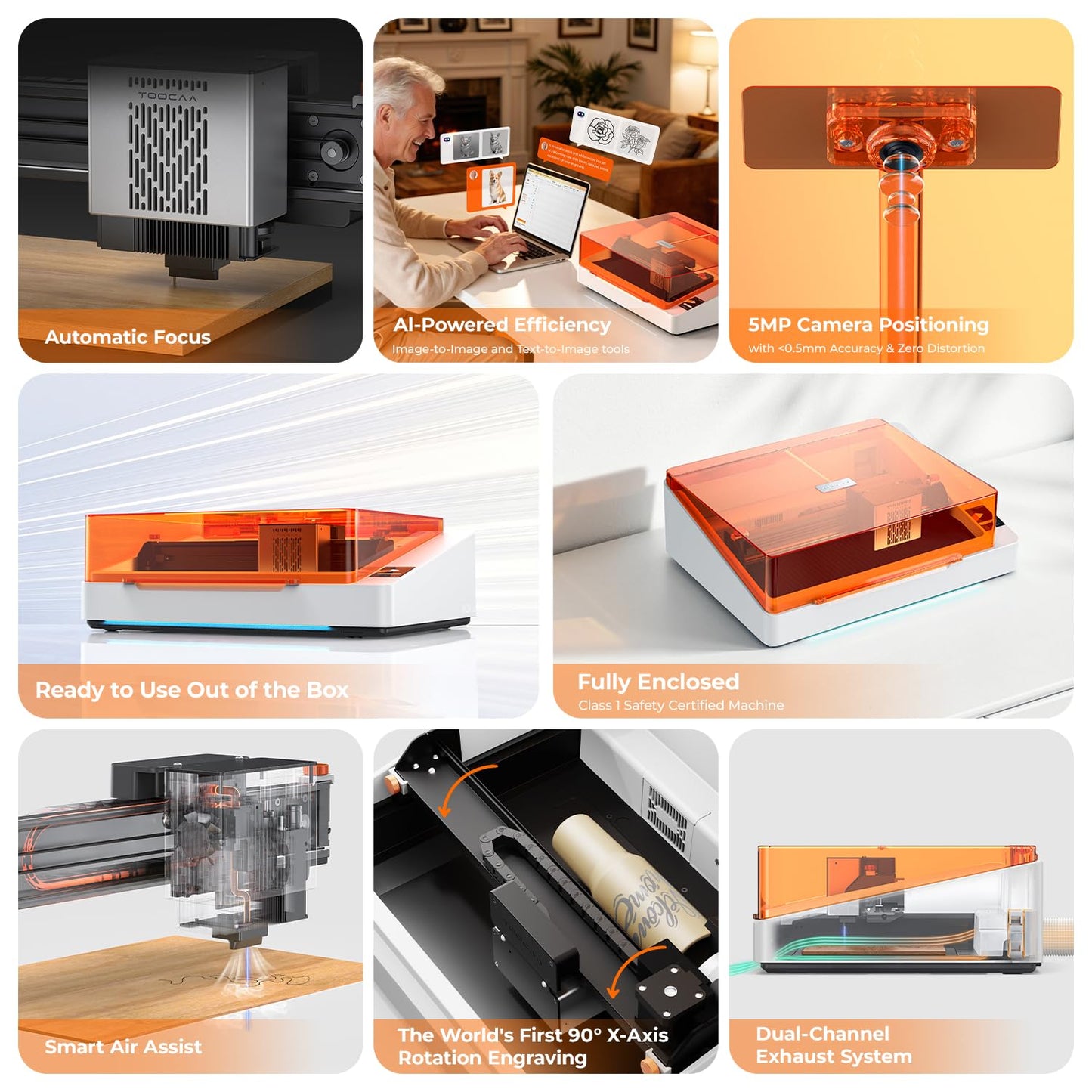 TOOCAA NOVA 20W Smart AI Laser Engraver & Cutter, Fully Enclosed Class 1 Safety, 5MP AI Positioning Camera & Auto Focus, 360° Rotary & Air Assist, Dual-Channel Exhaust for Cleaner Cuts & Less Smoke