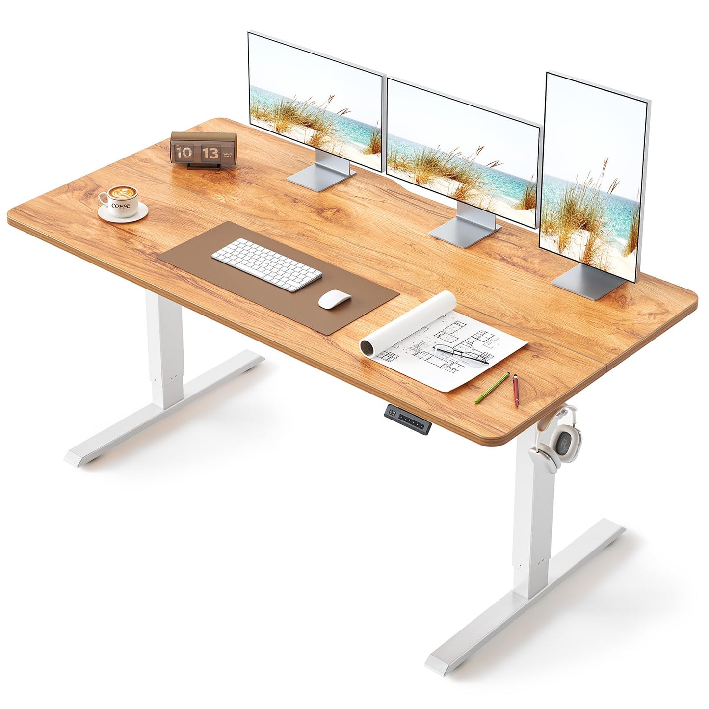 BANTI 63 × 28 Inches Standing Desk, Ergonomic, Electric Height Adjustable, Sit and Stand Up, Computer Office Desk with Splice Board, White Frame/Maple Top
