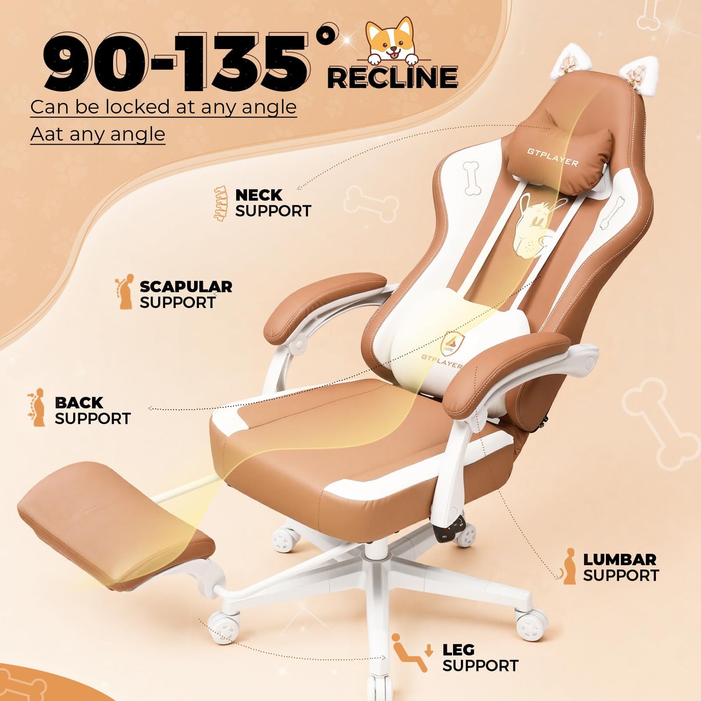 GTPOFFICE Gaming Chair Cute with Cat Ears, Ergonomic Computer Chair with Footrest Cat Paw Lumbar Support Comfortable Reclining Game Chair Desk Chair for Adult,Teens, Soft Fabric,Soft-Red
