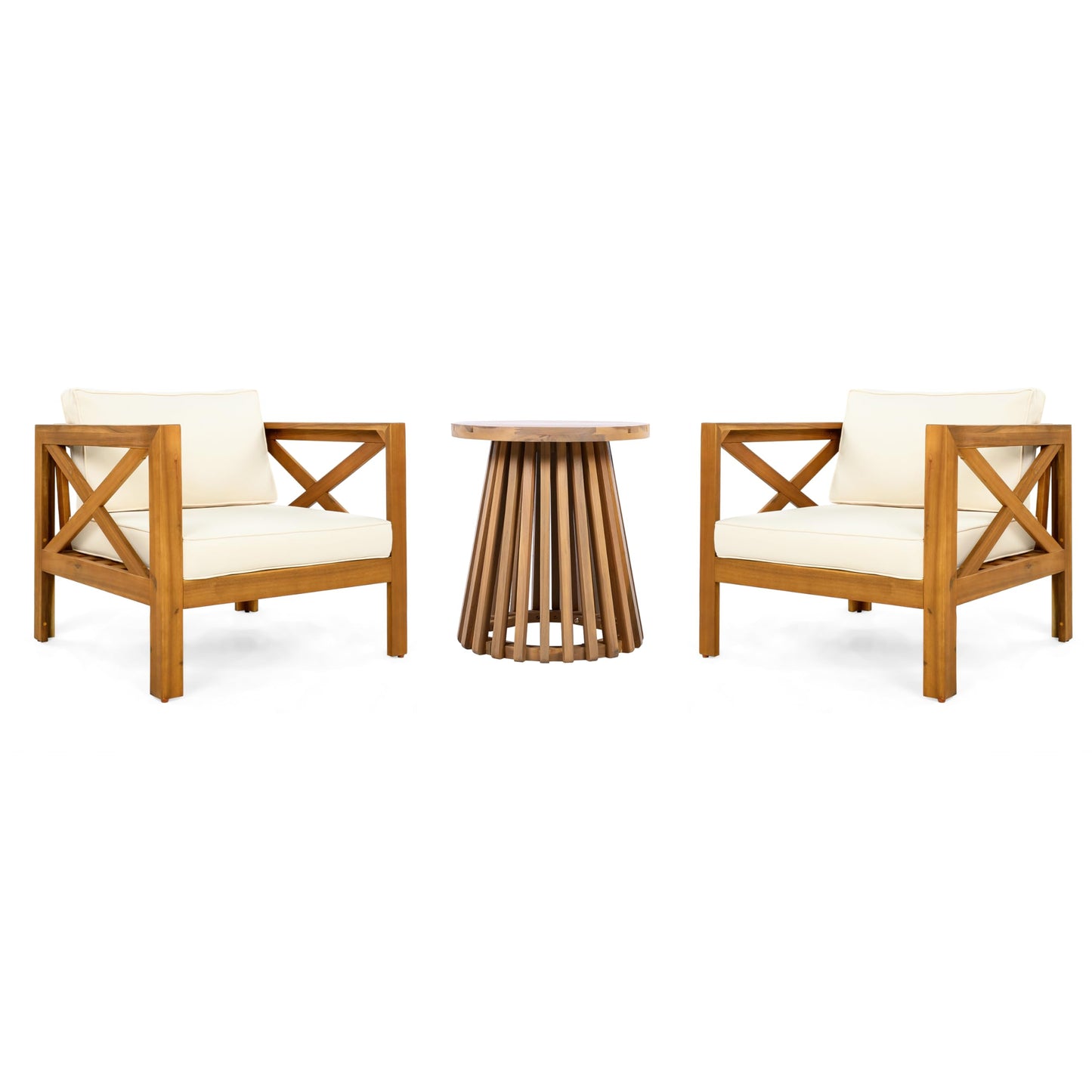 Christopher Knight Home Lucy Acacia Wood Outdoor Patio Furniture Set, 3 Pieces Patio Set, Round Side Table and ArmChairs Conversation Set with Cushion for Garden Lawn Balcony, Beige + Light Teak