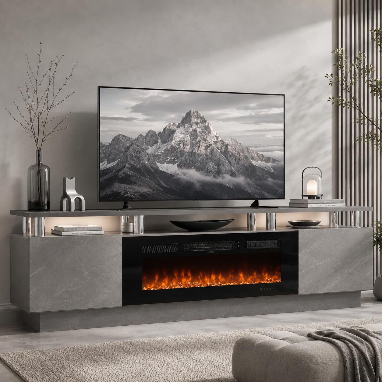 OneBlis 70" TV Stand for Living Room, Entertainment Center with Storage Cabinet, Fits TVs up to 80", Modern Media Console with Shelves, 36" Electric Fireplace (Grey+Black)