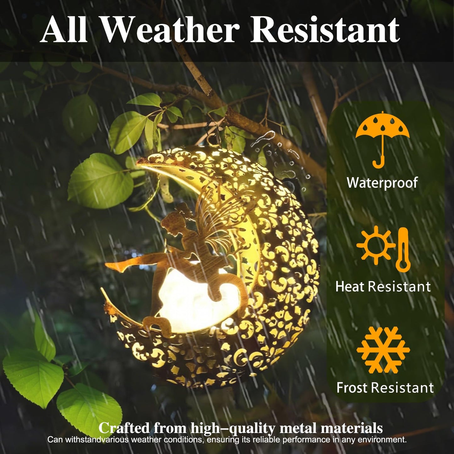 QCF Solar Garden Fairy Statue with Hanging Lights, Bronze Color, Fairy Moon, Model JY10003, Outdoor Metal Yard Art