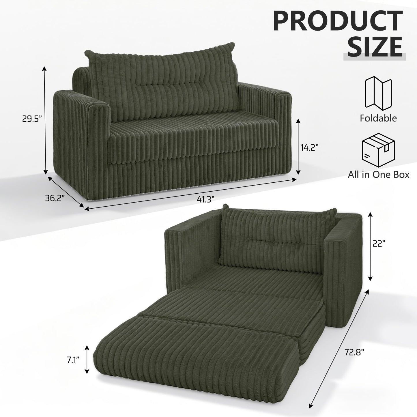 HABUTWAY 41.3" Loveseat Boneless Couch, 4-in-1 Convertible Sofa Bed, Plush Fur Folding Futon Sofa Bed Couches with a Pillow for Living Room, High-Density Foam Support, No Assembly Required, Green