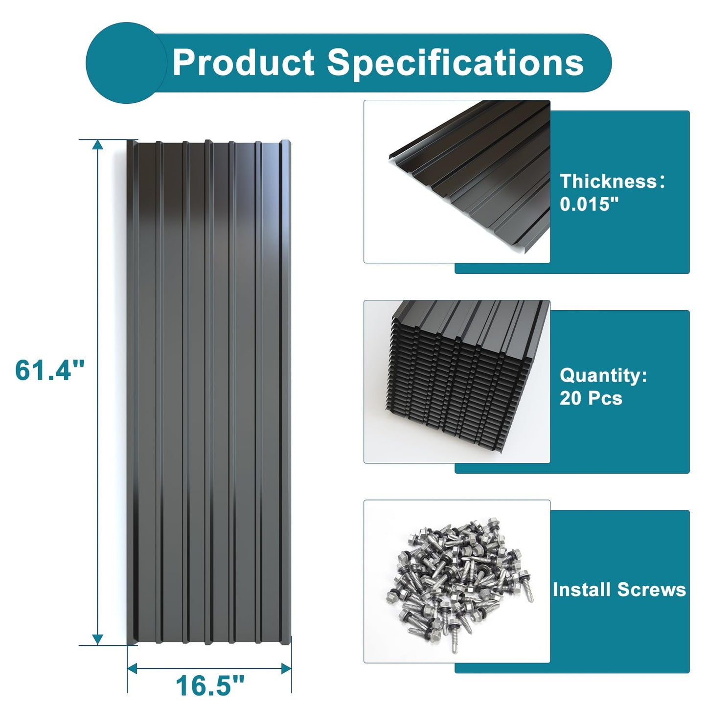 NeatiEase 20 Pcs Metal Roofing Panels, 5.1 Feet Corrugated Galvanized Roofing Panels Metal Siding Panels with Steel Screws for Pergola, Gazebo, Shed, Outdoor Storage, Chicken Coop,Garages (Black)