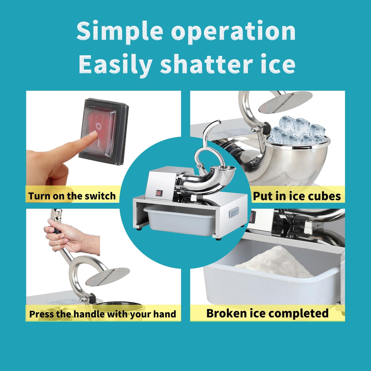 SNICE Electric Stainless Steel Snowflake Ice Shaver Machine For Bar,Kitchen,Seafood,Cold drink Heavy-Duty Snow Cone Machine Ice Crusher Machine Double Blade, Shaved Ice For Summer