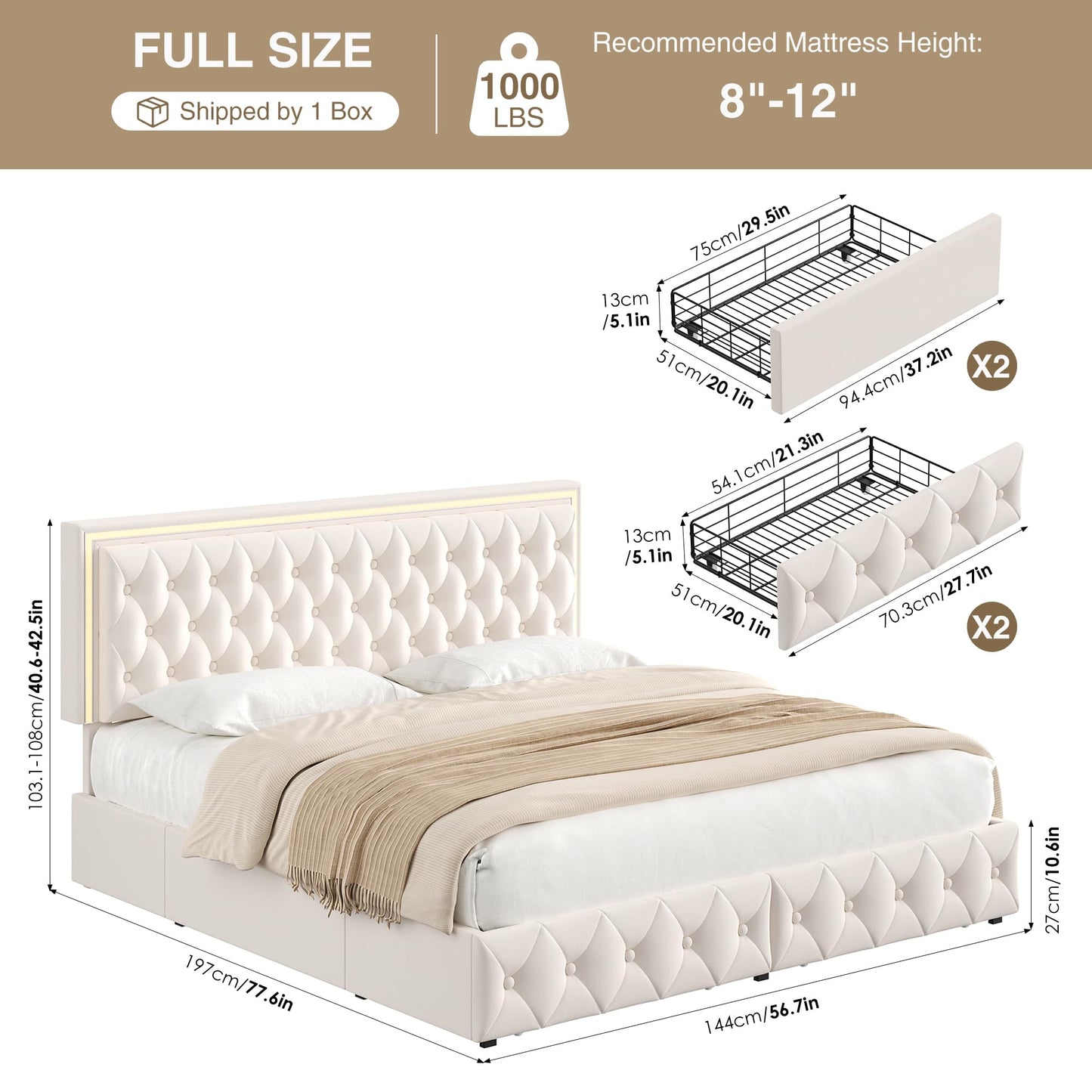 Keyluv Full Size LED Bed Frame with 4 Storage Drawers and Adjustable Headboard, Velvet Upholstered Button Tufted Modern Platform Bed, Solid Wooden Slats Support, Easy Assembly, Beige