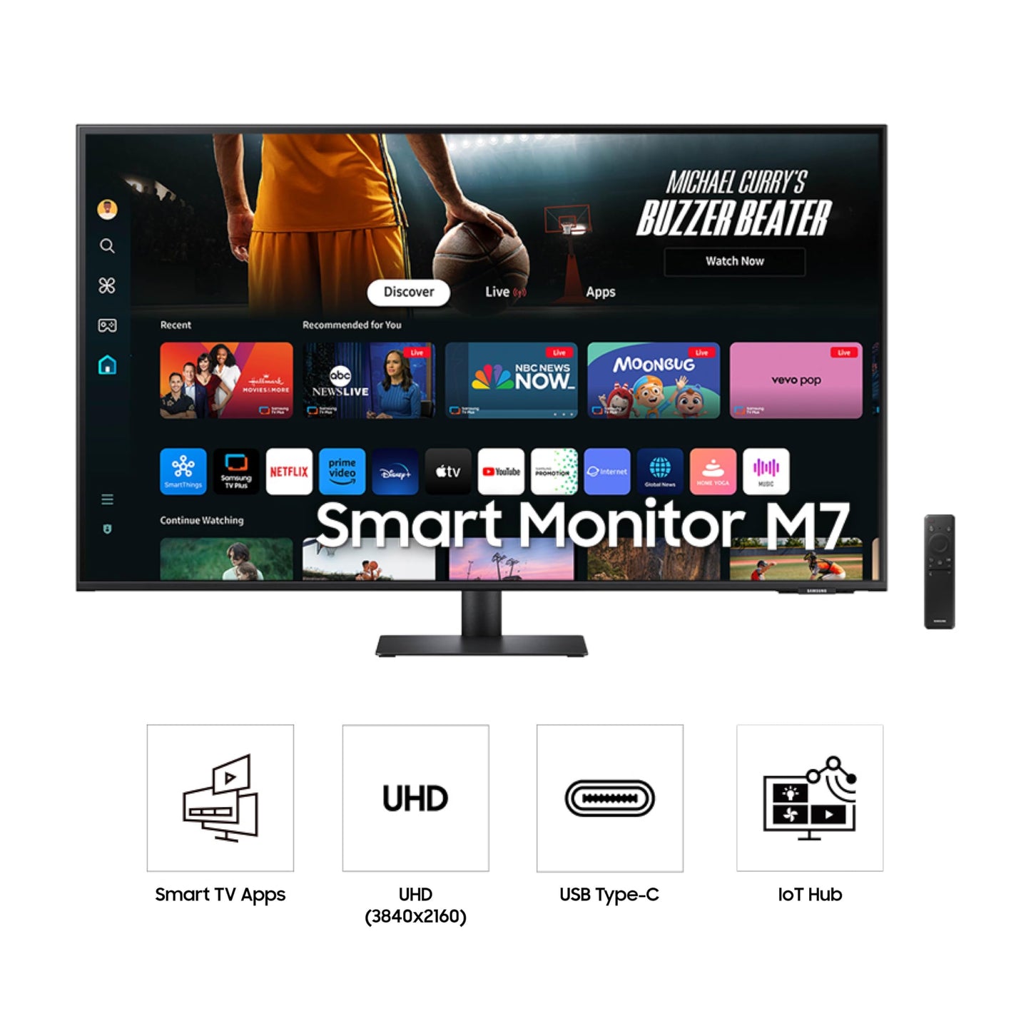 SAMSUNG 43-Inch M7 (M70D) Series 4K UHD Smart Monitor, Speakers, HDR10, USB-C, Multiple Ports, Gaming Hub, SolarCell Remote, Vision Accessibility Tools, LS43DM702UNXGO, Black