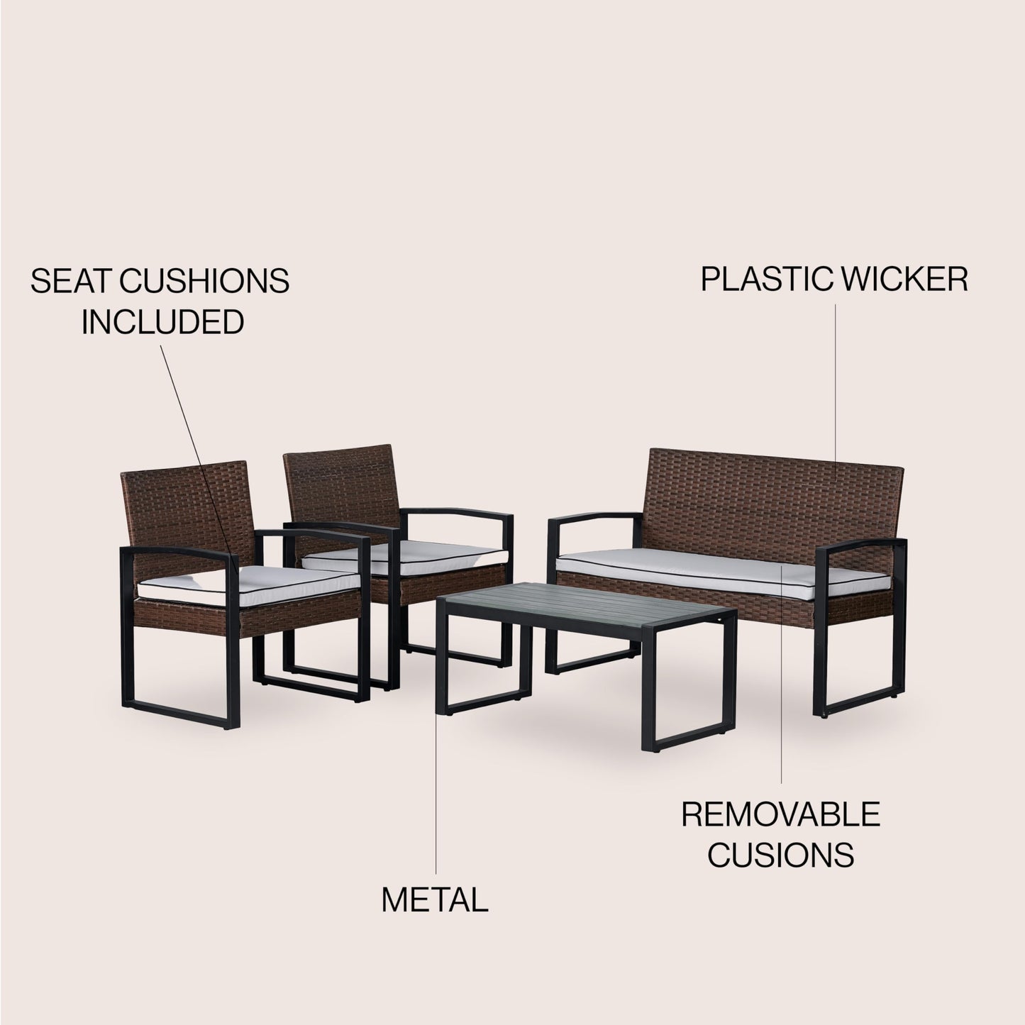JONATHAN Y Elina 4-Piece Steel Frame PE Rattan Outdoor Patio Set, Modern Wicker Conversation Furniture with Cushions and Acacia Wood Coffee Table for Backyard, Porch and Poolside, Brown LVG1102B-4SET