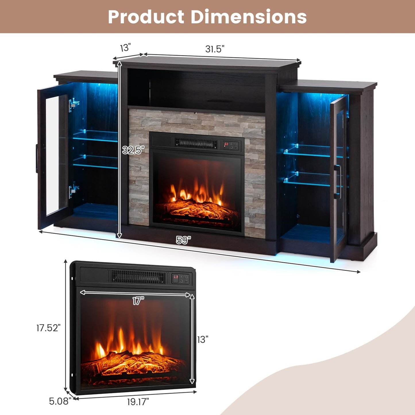 Tangkula Electric Fireplace TV Stand, Electric Fireplace Mantel with 16-Color Led Lights, Adjustable Glass Shelves, Remote & Smart APP Control, TV Console for Living Room (Espresso)