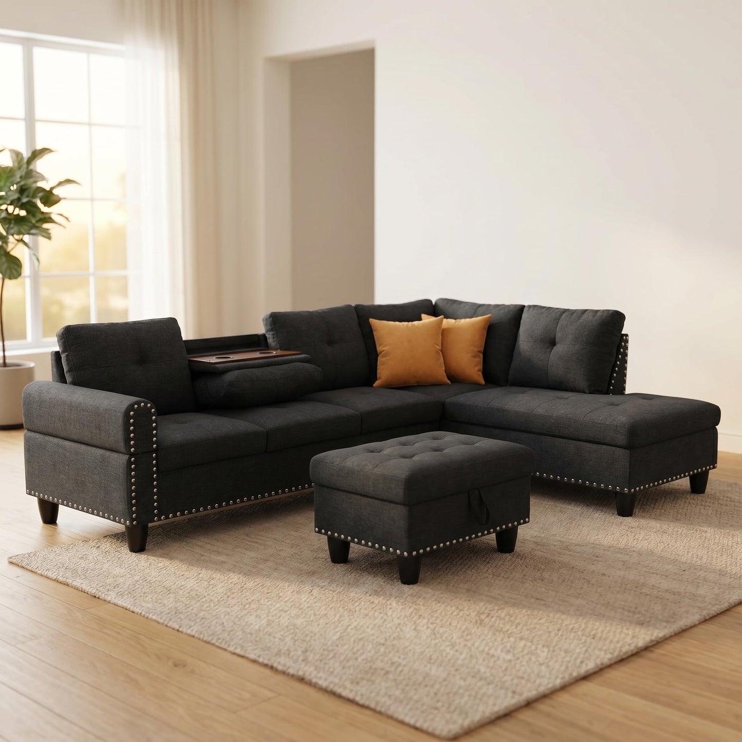 Trygoal 97.5" Linen L Shaped Couch with Right Chaise & Cup Holder, Sectional Sofas Modular Furniture Set with Storage Ottoman, Convertible Couches for Living Room, Small Space & Office (Black)
