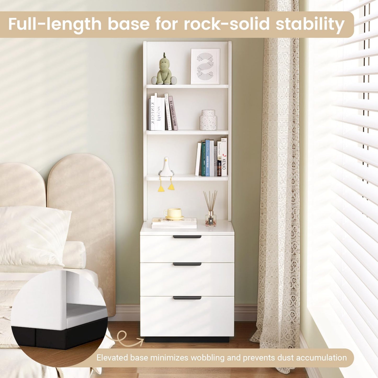 QEZEOM Tall Nightstand with Drawers & Open Shelves, 51.18" Bedside Storage Cabinet, Modern Free-Standing Bedroom End Table with Bookcase, Space-Saving, Easy Assembly, White