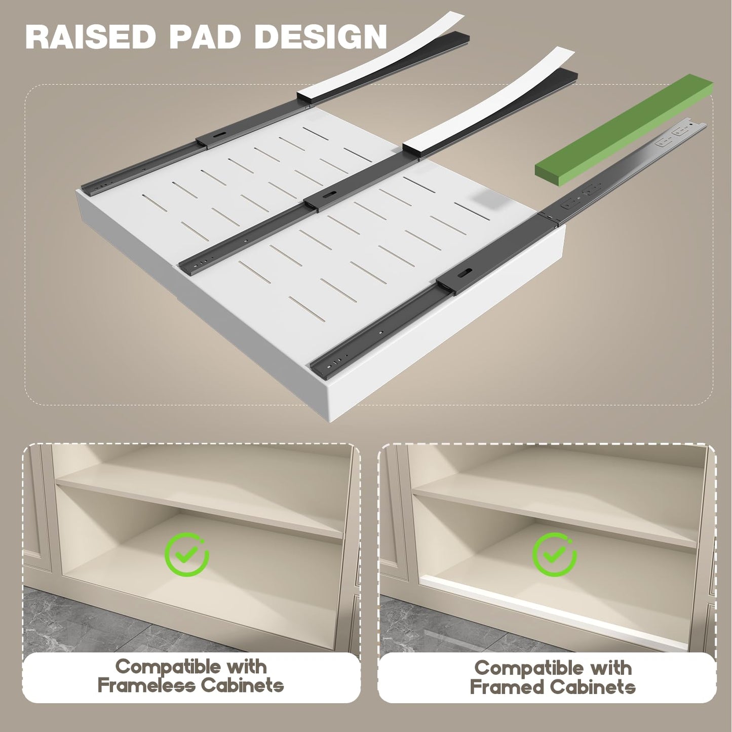 Seinloes 4 Pack Pull Out Cabinet Organizer 21" Deep,Full Extension 3 Slide Rails Slide Out Drawers With Raising Pad for Framed Cabinets,Expandable Width (15.4"-26.2"),No Drill Roll Out Shelves,White