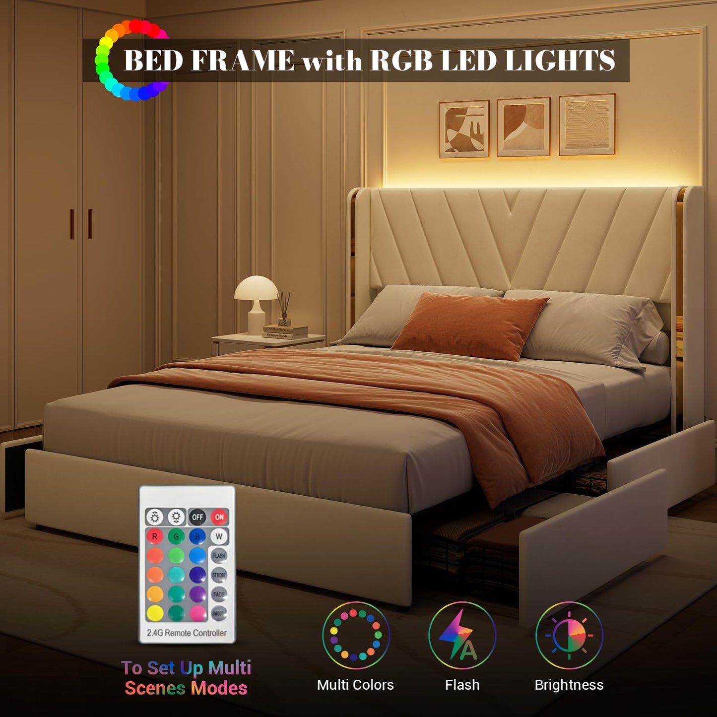 Full Upholstered LED Bed Frame with 4 Storage Drawers, Full Size Bed Frame with RGB LED Lights, Velvet Platform Bed Frame with Wingback Headboard, No Box Spring Needed, Noise Free, Easy Assembly