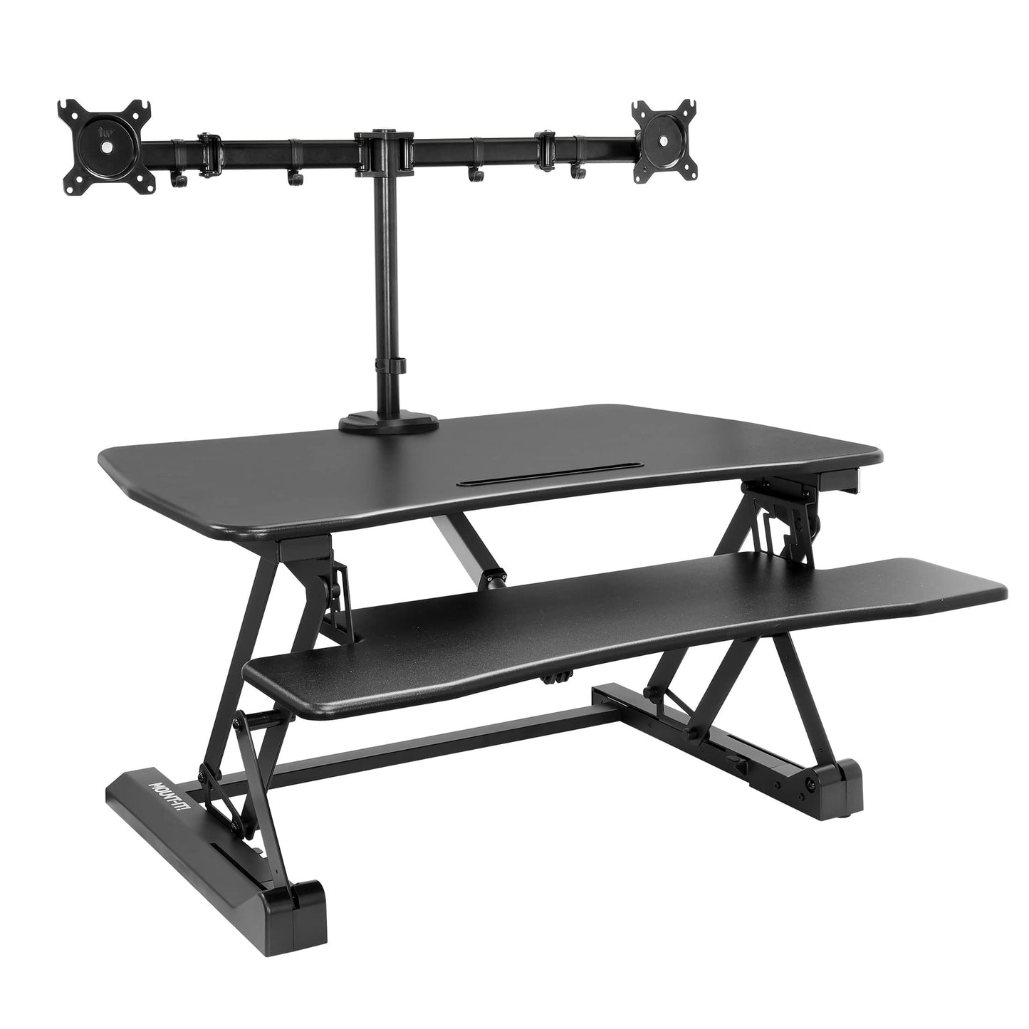 Mount-It! Electric Standing Desk Converter with Dual Monitor Arms for 2 Screens (Max 32"), Large 35.4" Wide Desktop, Motorized Stand Up Desk Riser, Keyboard Tray, USB, Black Stand up Desk Convertor