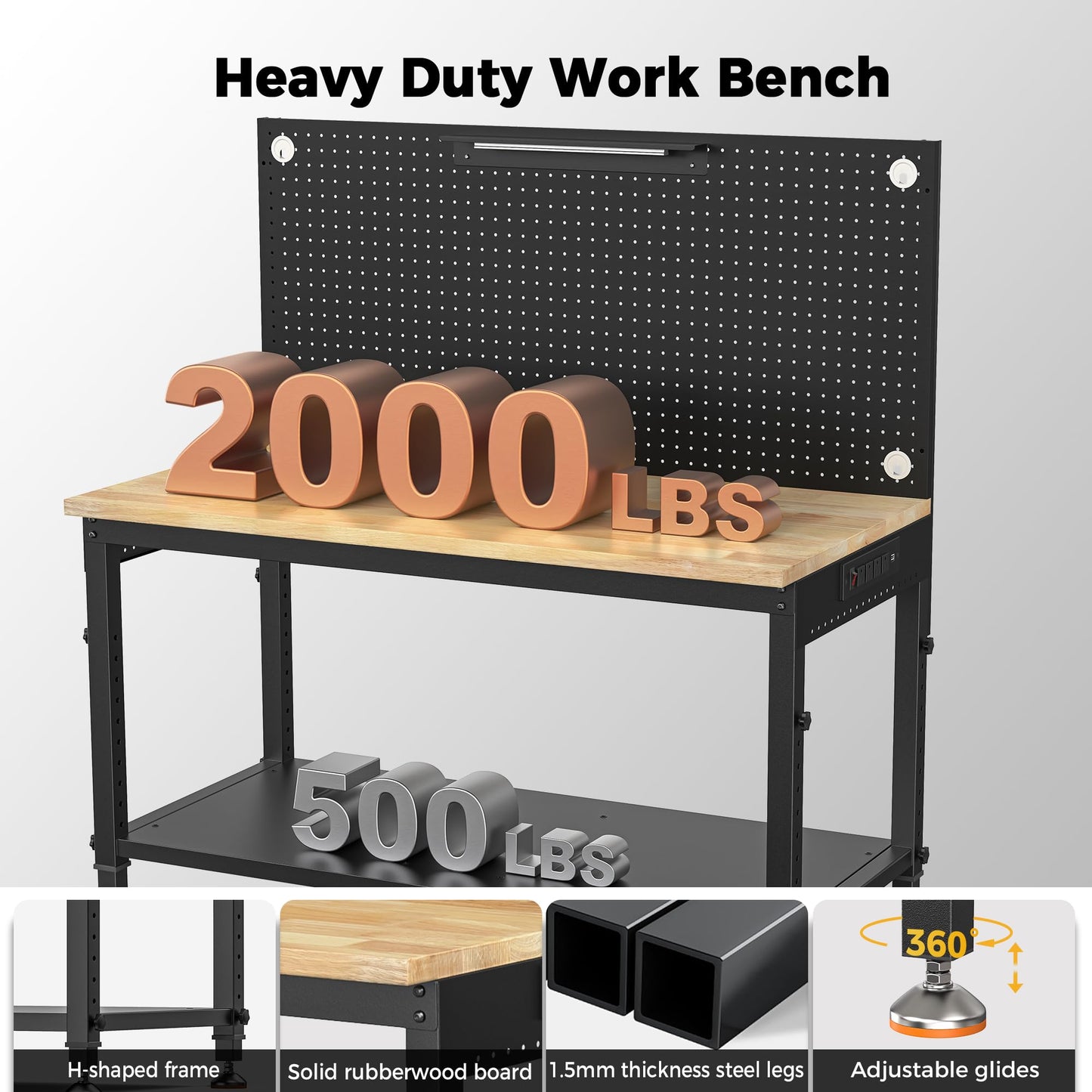 CAMMOO 48" Heavy Duty Work Bench Adjustable Height Max Load 2000 LBS with Storage Shelf for Garage Workbench, Rubberwood Tabletop with Pegboard, LED Light, Built-in Power Strip for Woodworking Shop