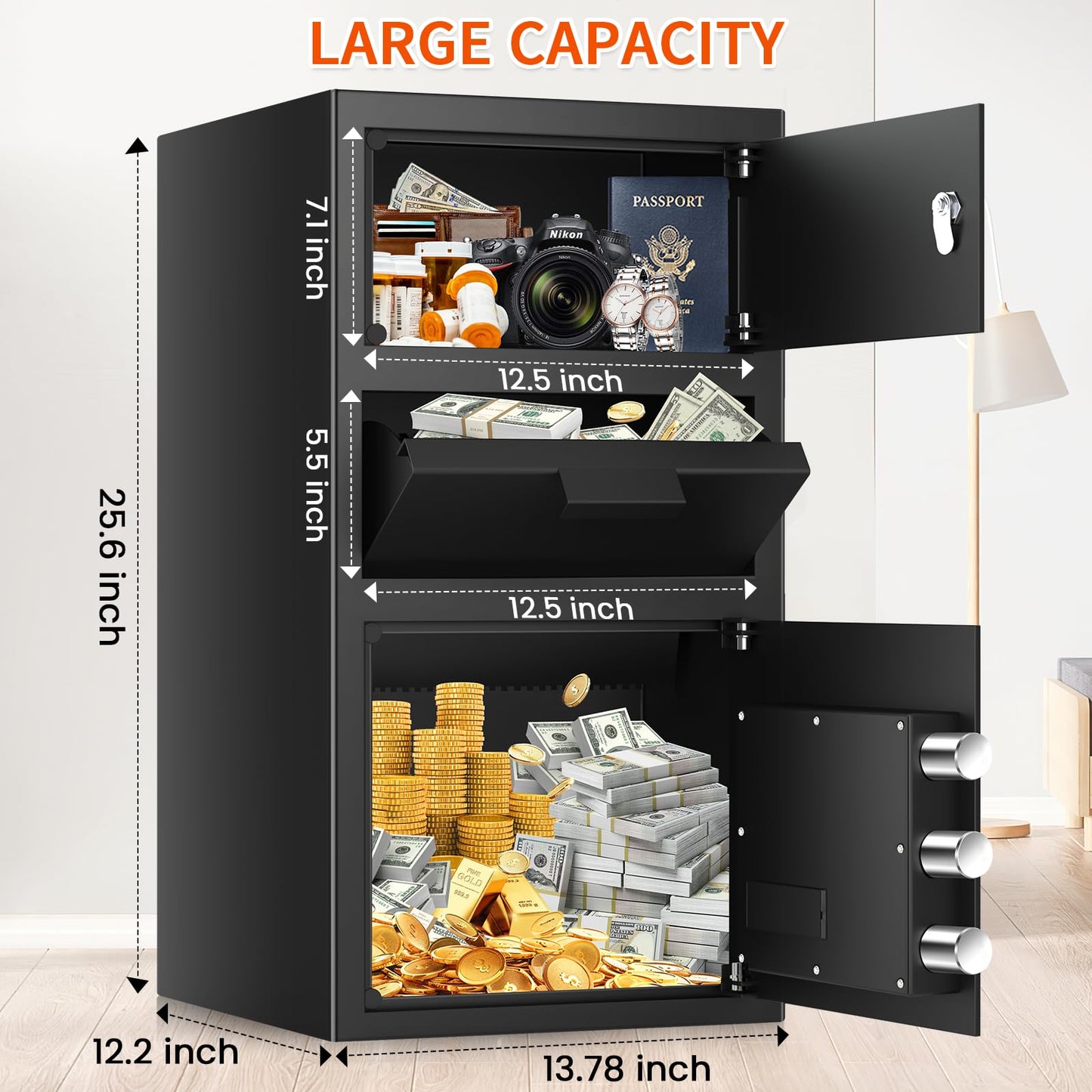 5.6 Cuft Large Depository Drop Safe for Business, Anti-Theft Safe Box with Quick Place Drop Slot, Digital Keypad and Spare Key, Heavy Duty Drop Safes for Business Retail Mail Church Home
