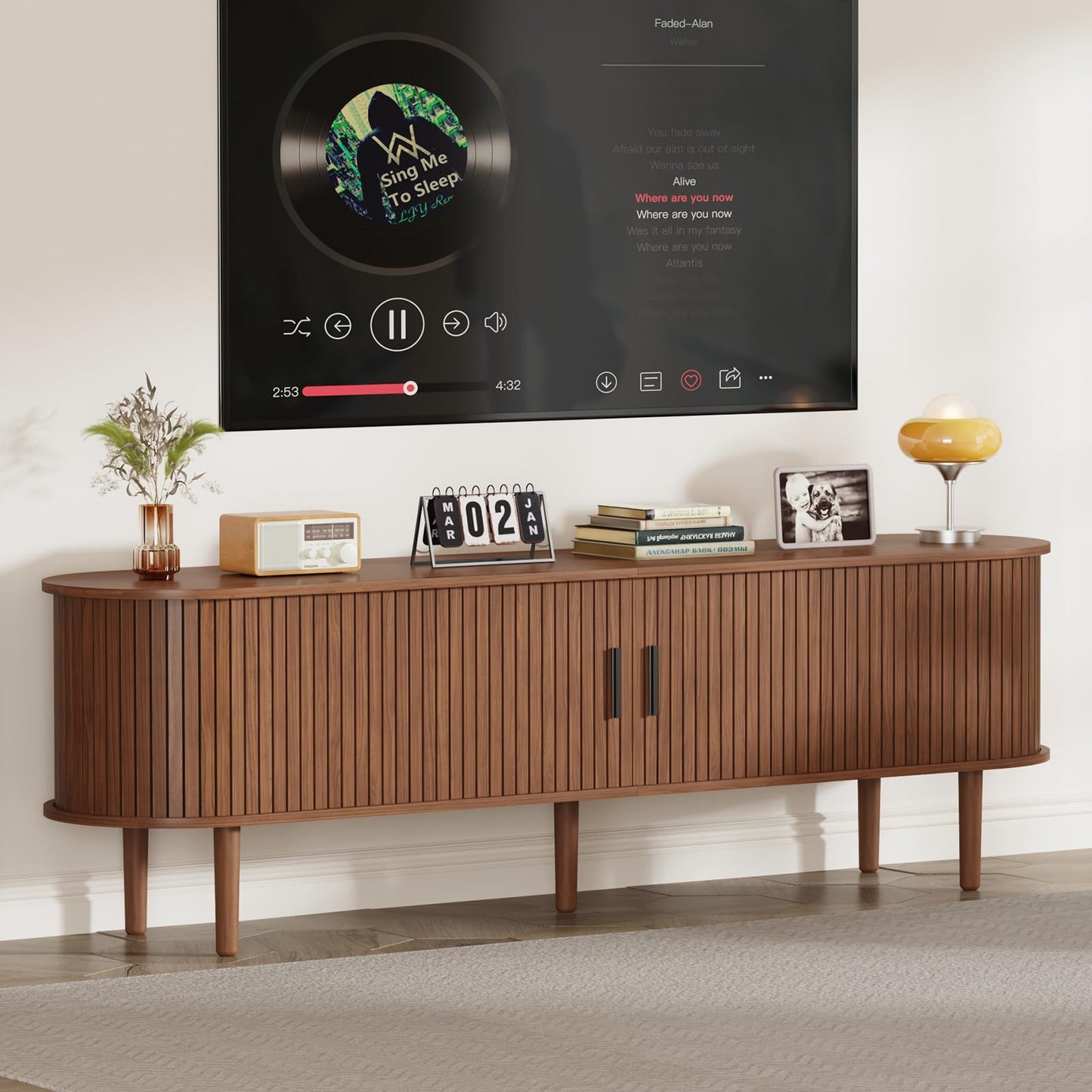 LMSXG-MZ Mid Century Modern TV Stand for Living Room, 70.1-Inch Media TV Console/Bedroom Entertainment Center with Sliding Doors, Fluted Under TV Cabinet for 55/65/75/80 Inch Tvs (Walnut)