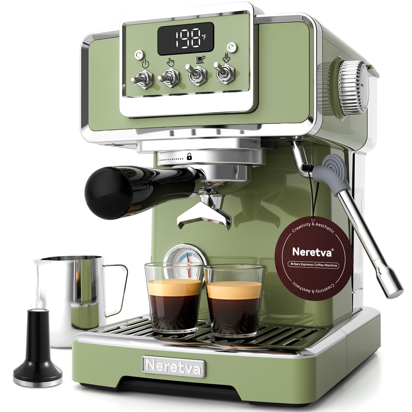 Neretva Espresso Machine, 58mm Professional Espresso Coffee Machine 15 Bar Retro Espresso Maker with Powerful Milk Frother & Visible Pressure Gauge for Home Barista Latte and Cappuccino Maker-Green
