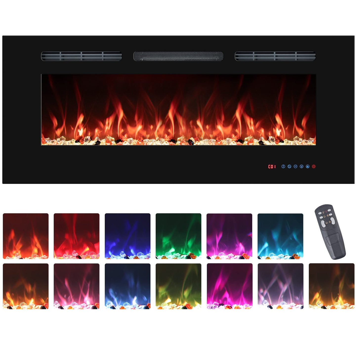 42" Electric Fireplaces Inserts, Recessed & Wall-Mounted Fireplace Heater with Thermostat, Multicolor Flames,Timer, Log & Crystal, 750/1500W