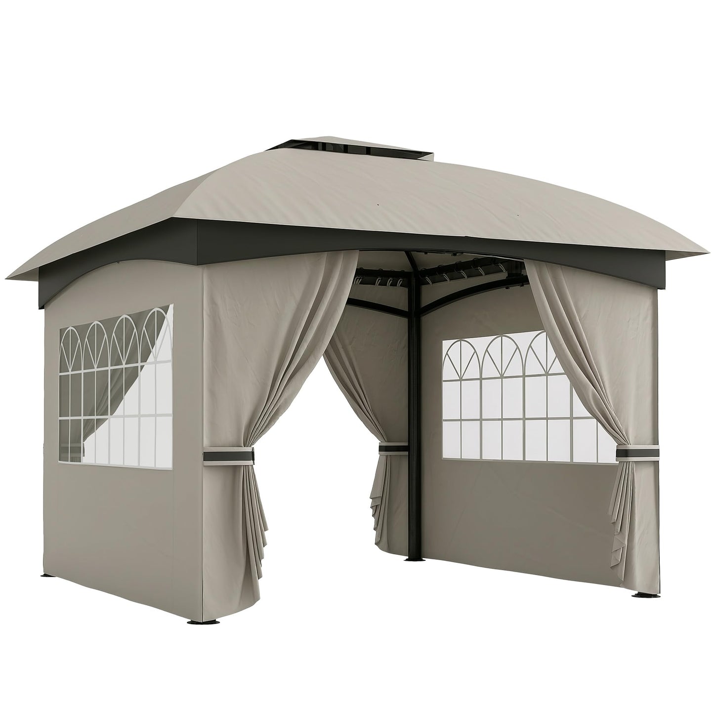 Outsunny 11' x 11' Outdoor Gazebo, Arc Patio Gazebo Canopy Shelter, UV Protected, with Curtains, Church Windows, Double Roof, Galvanized Steel Frame for Lawn, Backyard and Deck, Light Gray