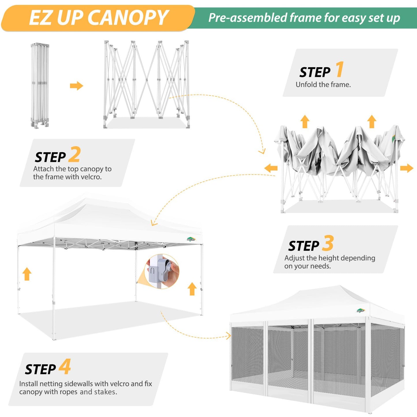COBIZI 10x15 Canopy Tent with 4 Sidewalls,Heavy Duty Pop up Canopy with Mosquito Netting,Easy up Screen Canopy for Parties Wedding Patio Tent with Handbag,White