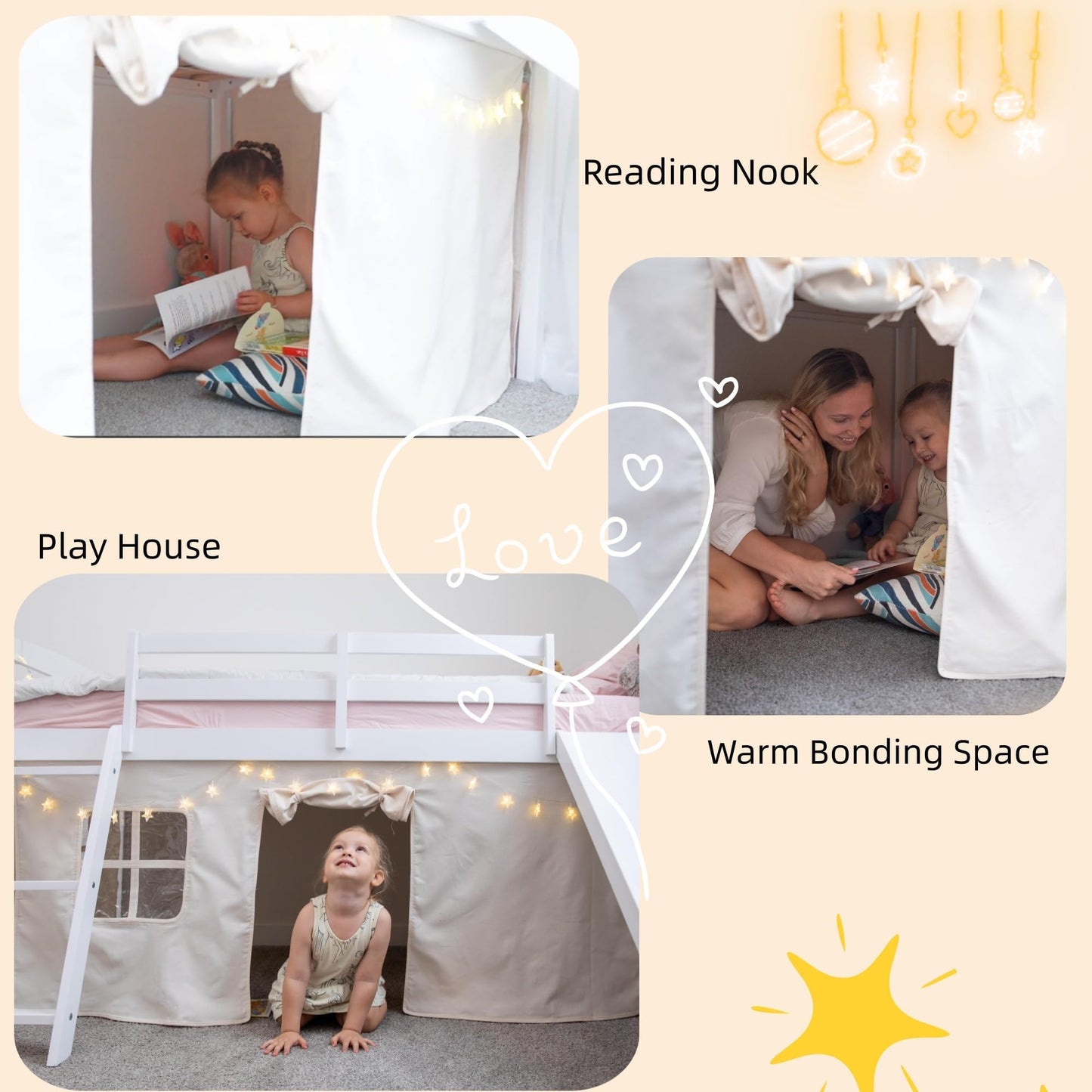 Spirich Kids Loft Bed with Slide and Ladder, Solid Wood Twin Loft Bed Frames with Curtains, Low Loft Bed with Bed Tent, No Box Spring Needed, White