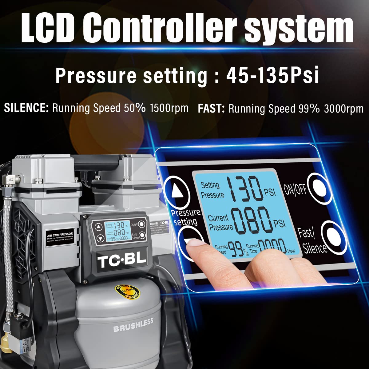 TC·BL Oil free Air Compressor 1.3HP Ultra Quiet Air Compressor Lightweight and with 2.6 Gallon Aluminum Tank