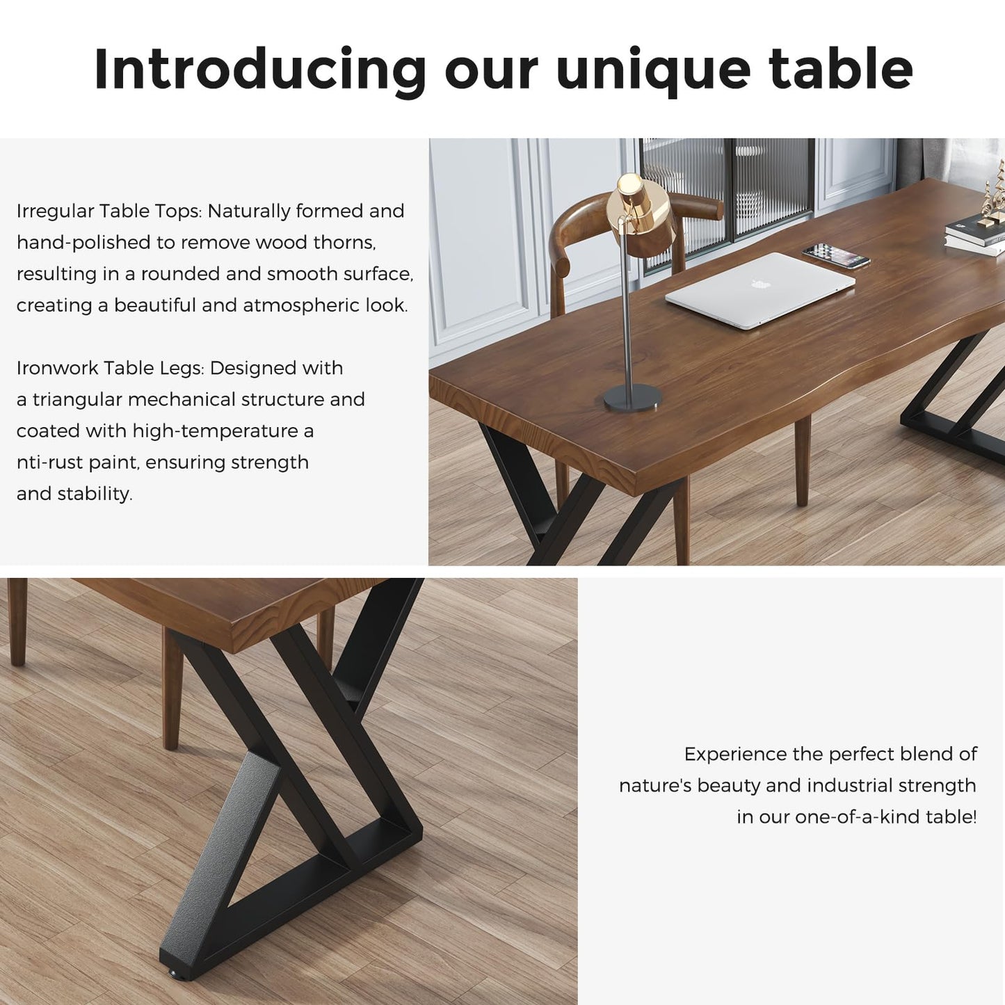 QZYJKJ 55inch Solid Wood Desk Wide Home Office Desk,Metal Modern Industrial Writing Table, Workstation, Perfect Table for Your workspace Study Table Furniture in Rustic Natural Aged Brown