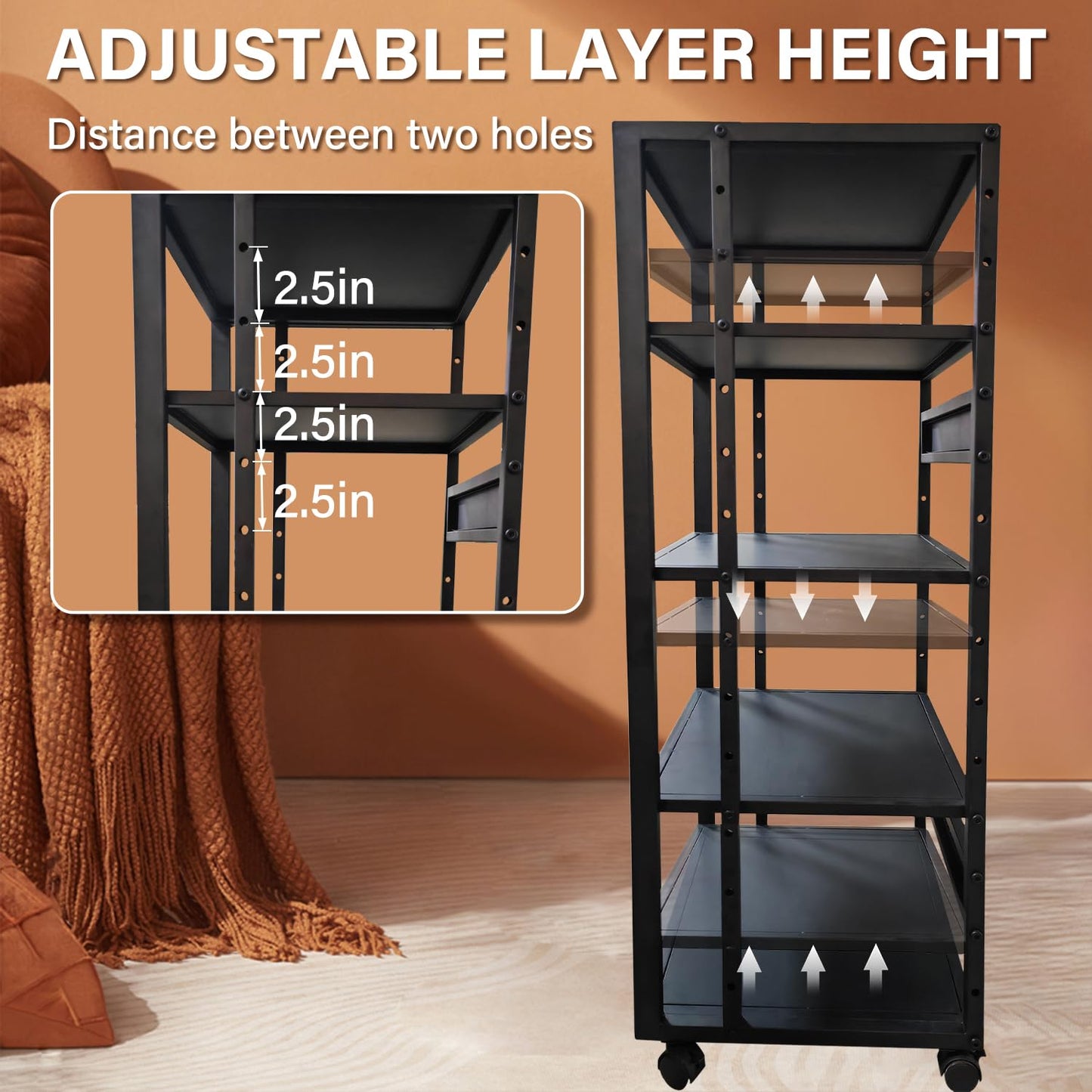 jvsufuik 5-Tier AV Media Stand with Wheels, Media Console Cabinet With Adjustable Shelves, Metal Audio Rack, Mobile Game Console Stand, Stereo Audio Cabinet For Record Player, Dvd, TV Box