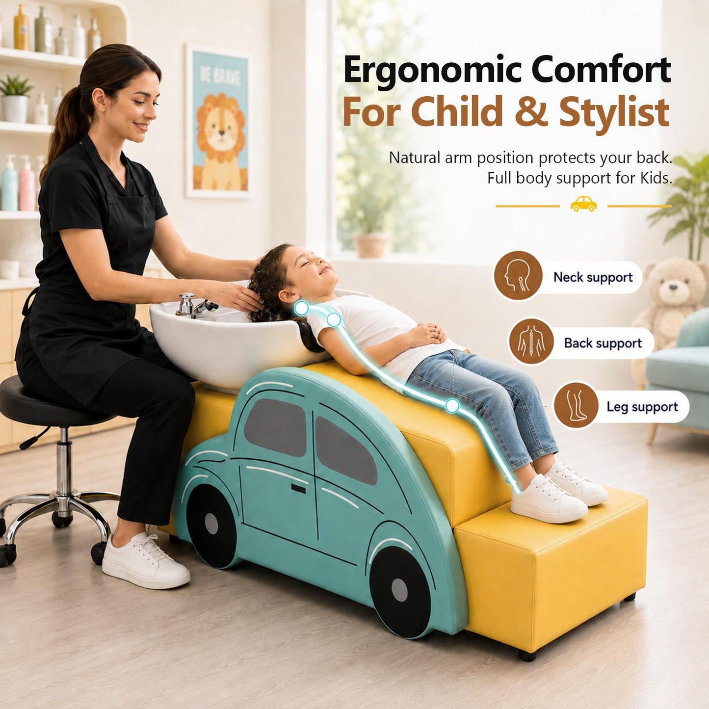 OmySalon Hair Washing Station for Kids, Ceramic Bowl with Neck Rest & UPC Certified Faucet Vacuum Breaker, Child Shampoo Bowl and Chair Set for Salon