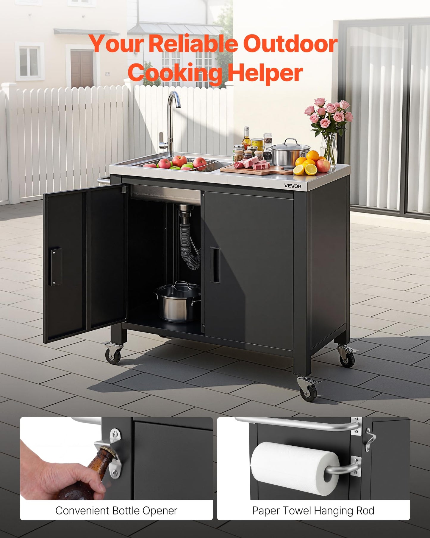 VEVOR Outdoor Grill Cart with Sink and Storage Cabinet, 38 Inch Grill Table, Waterproof Kitchen Island with Stainless Steel Top, Spice Rack, Wheel, Movable Food Prep Station for Patio Bar Backyard BBQ