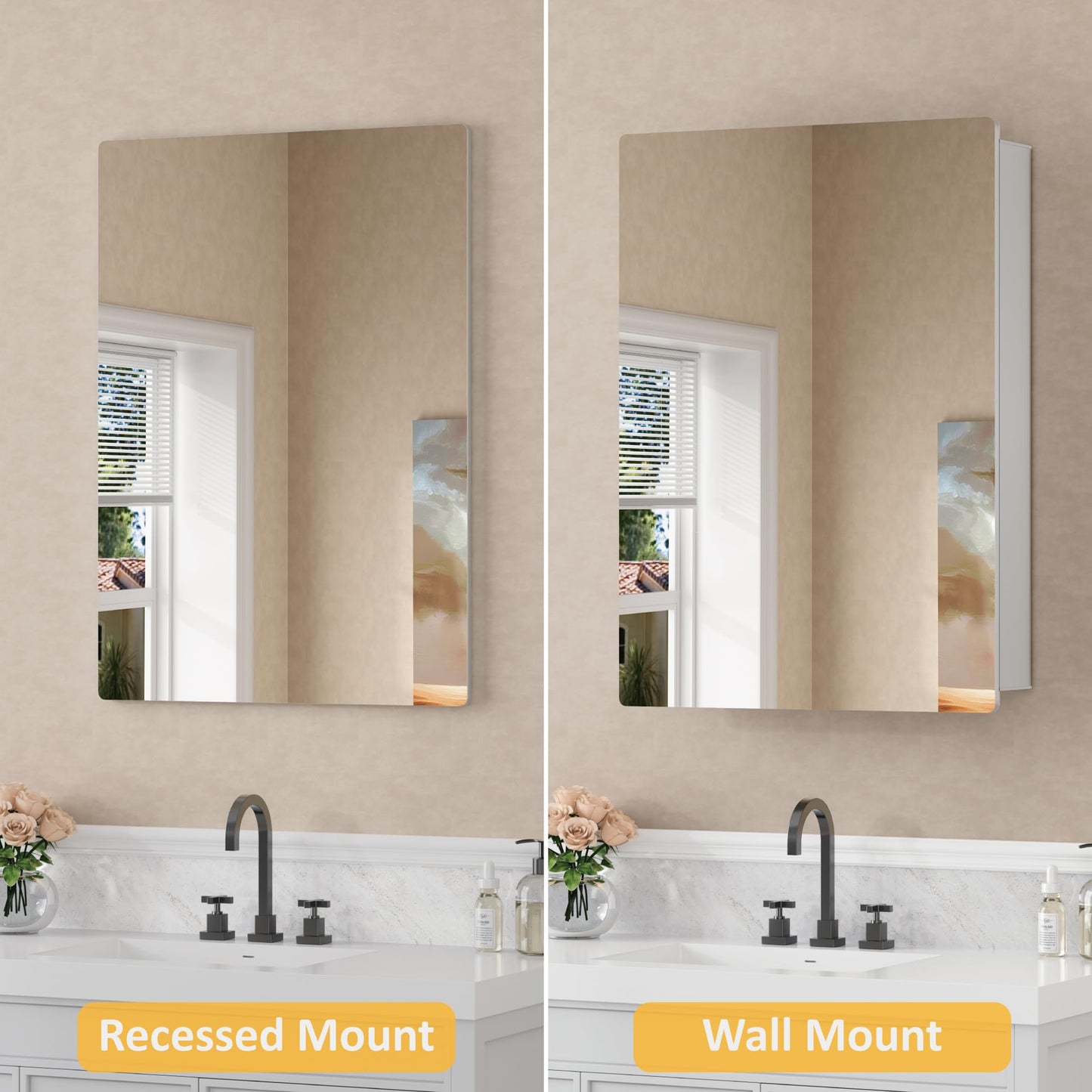 20x28 Inch Medicine Cabinet with Mirror, Recessed or Surface Mounted Bathroom Cabinets for Storage, 2 Fully Adjustable Tempered Glass Shelves, Soft-close DTC Hinges, HD Reflection Mirror Door, Silver