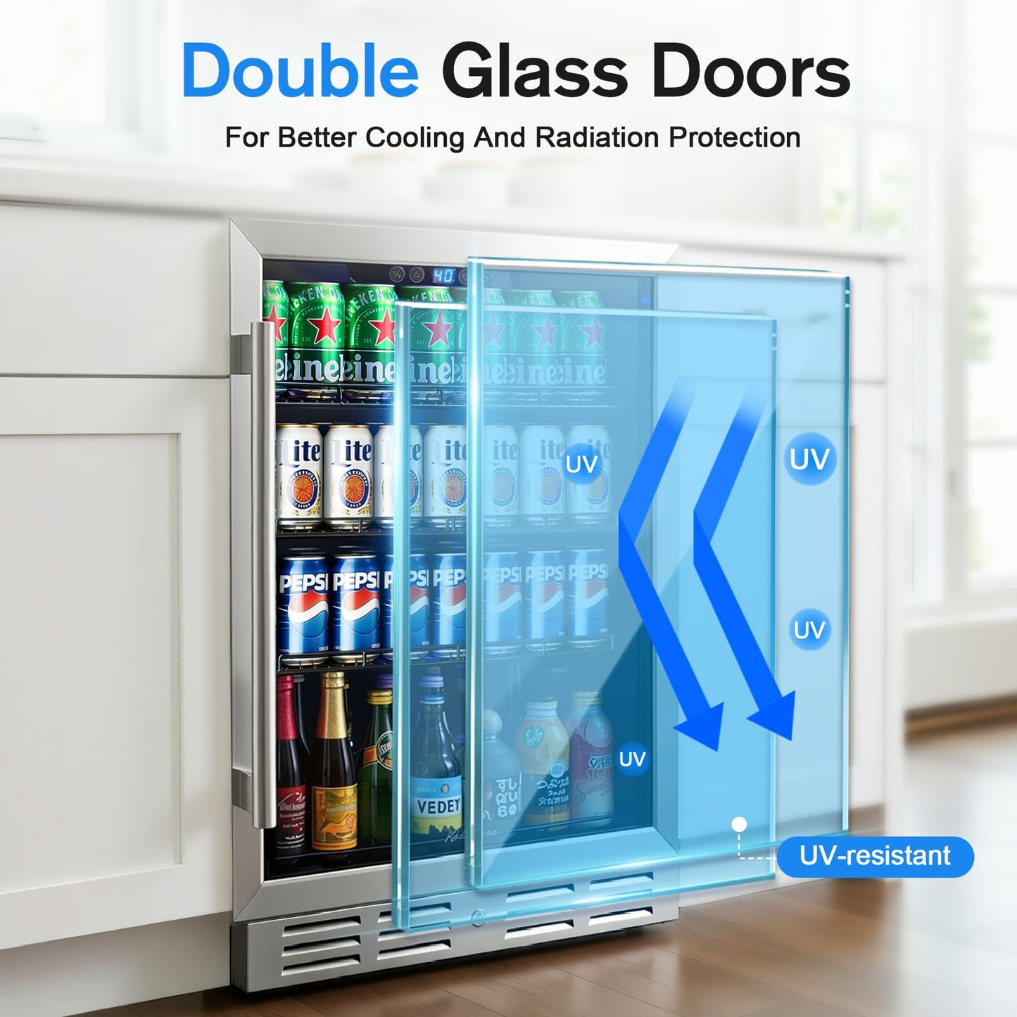 Kalamera 24 Inch Beverage Refrigerator, 164 Cans Under Counter Beverage Cooler for Beer Wine, Built-in/Freestanding Drink Fridge with Glass Door & Adjustable Shelves for Home Kitchen Office Bar