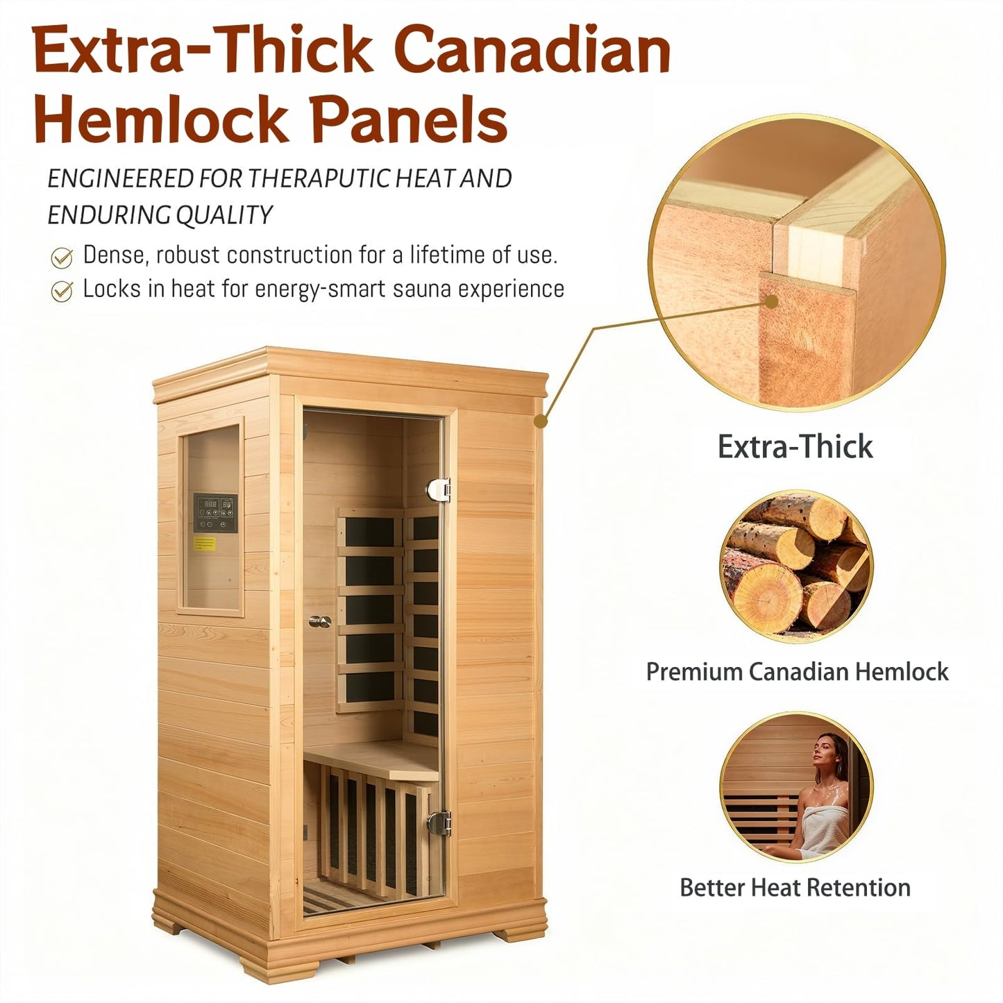 Royal Saunas Hongyuan 1 Person Infrared Sauna Room Indoor, 960W Home Sauna, Canadian Hemlock Wood, Low EMF Heating, BT Audio, LED Reading Light, Compact Spa 35"x27"x61"