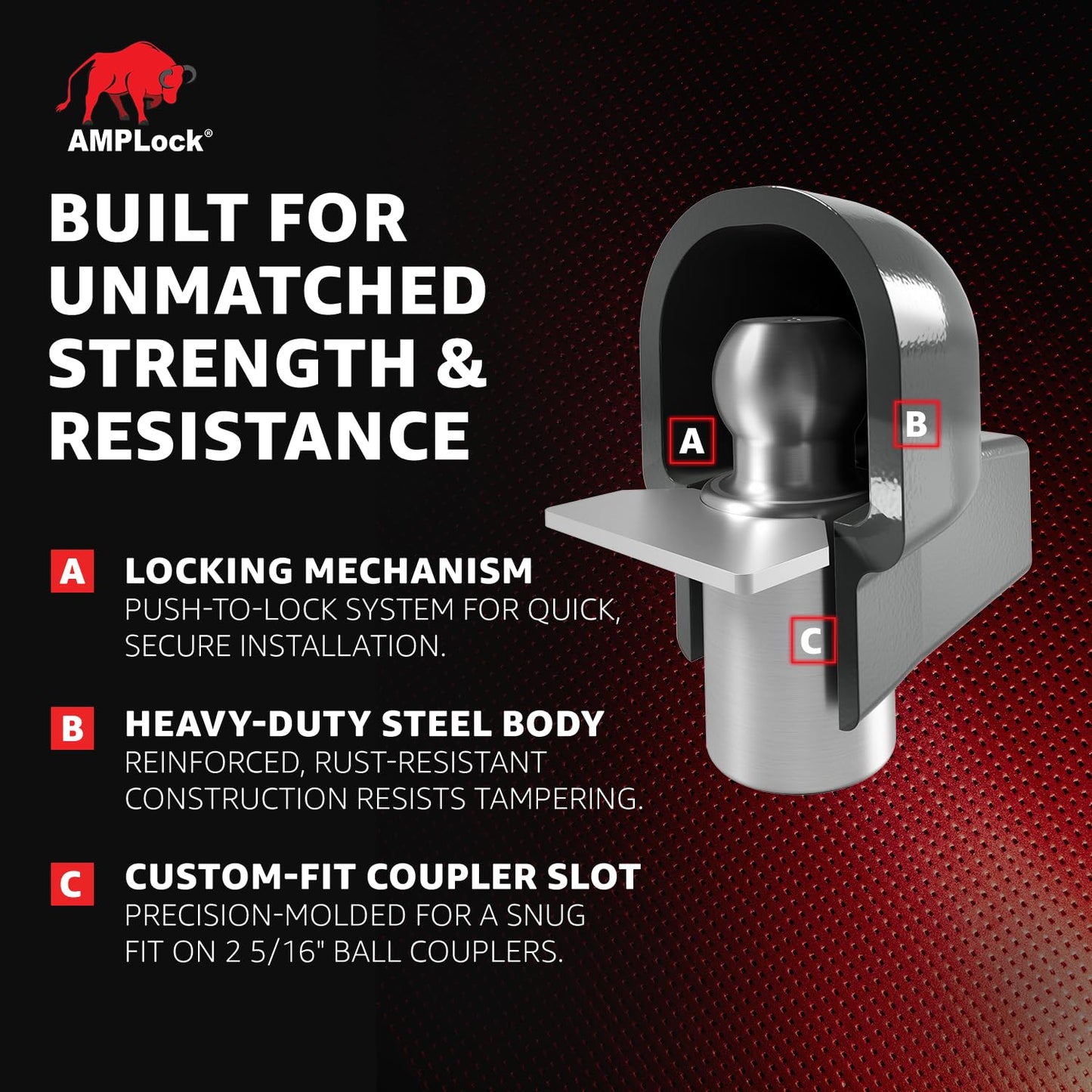 AMPLock U-BRA2516 2 5/16" Trailer Coupler Lock with Heavy Duty Round Edge Design, Push-to-Lock System, Rust and Corrosion Resistant, Fits Ball Couplers for Boat, Cargo, Utility and Travel Trailer Use