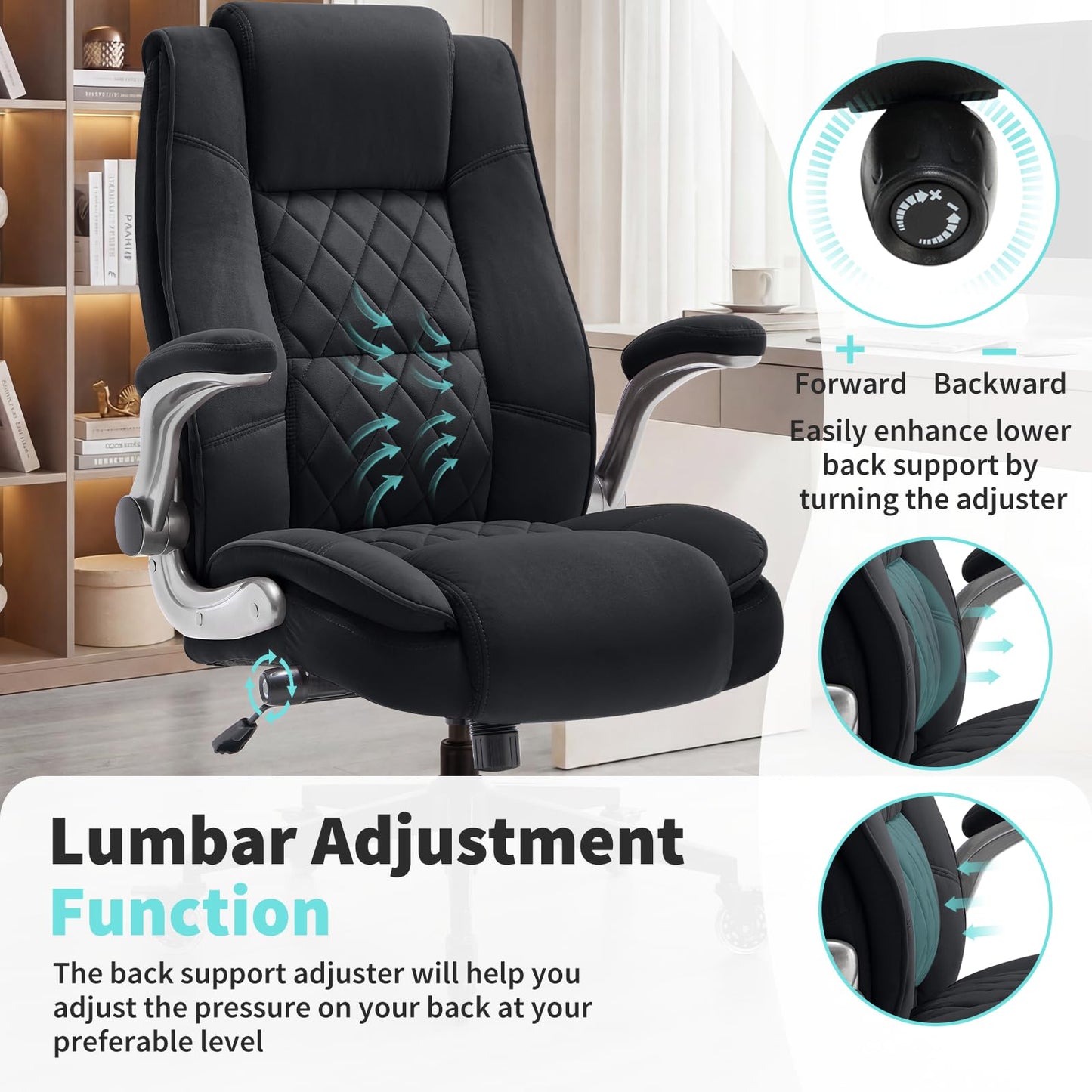 Fabric High Back Office Chair with Lockable Quiet Casters, Thick Padded Ergonomic Computer Chair- Adjustable Lumbar Support & Flip-Up Arms, Wide Executive Desk Chair for Back Pain, 400LBS Capacity