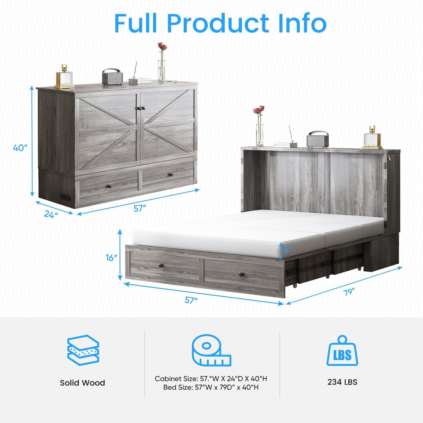 PUREMIND Full Murphy Bed Cabinet with Mattress Included, Bedroom Cabinet Beds with USB Charging Station, Murphy Chest Bed with Storage Drawers, Horizontal Wallbed for Guest Room Grey
