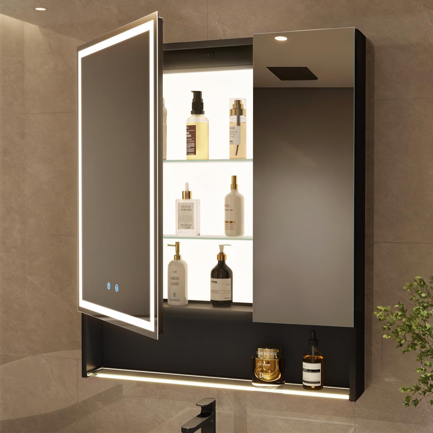 MIRROLIA 30"×34" LED Lighted Medicine Cabinet with Backlight, Adjustable Brightness 3 Color Temperature Lighting Anti-Fog Mirror 2 Socket & 2 USB Ports & Adjustable Shelf Wall Mounted