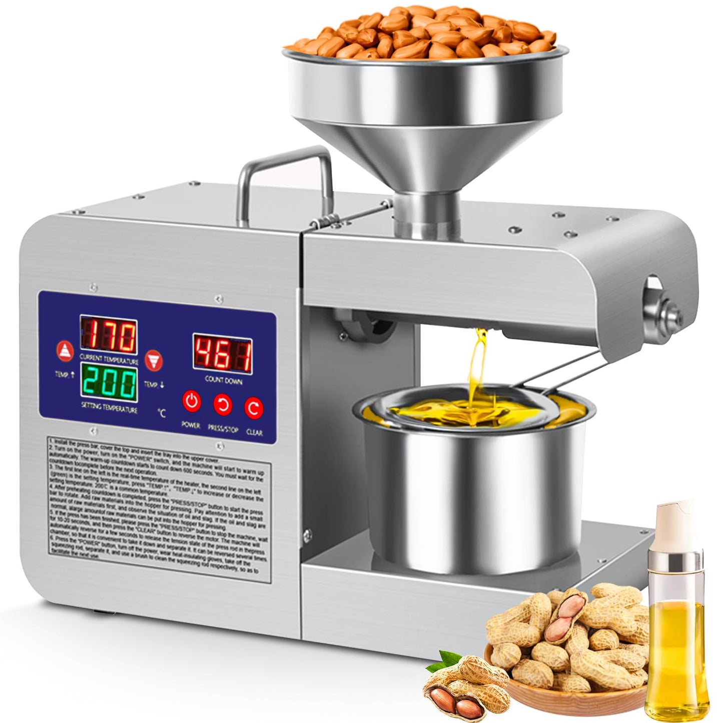 Rkazes Oil Press Machine, 820W Home Commercial Automatic Oil Press Extractor, Steel Stainless Electric Cold & Hot Press Oil Expeller for Peanut Sesame Soybean Sunflower Seeds Walnuts