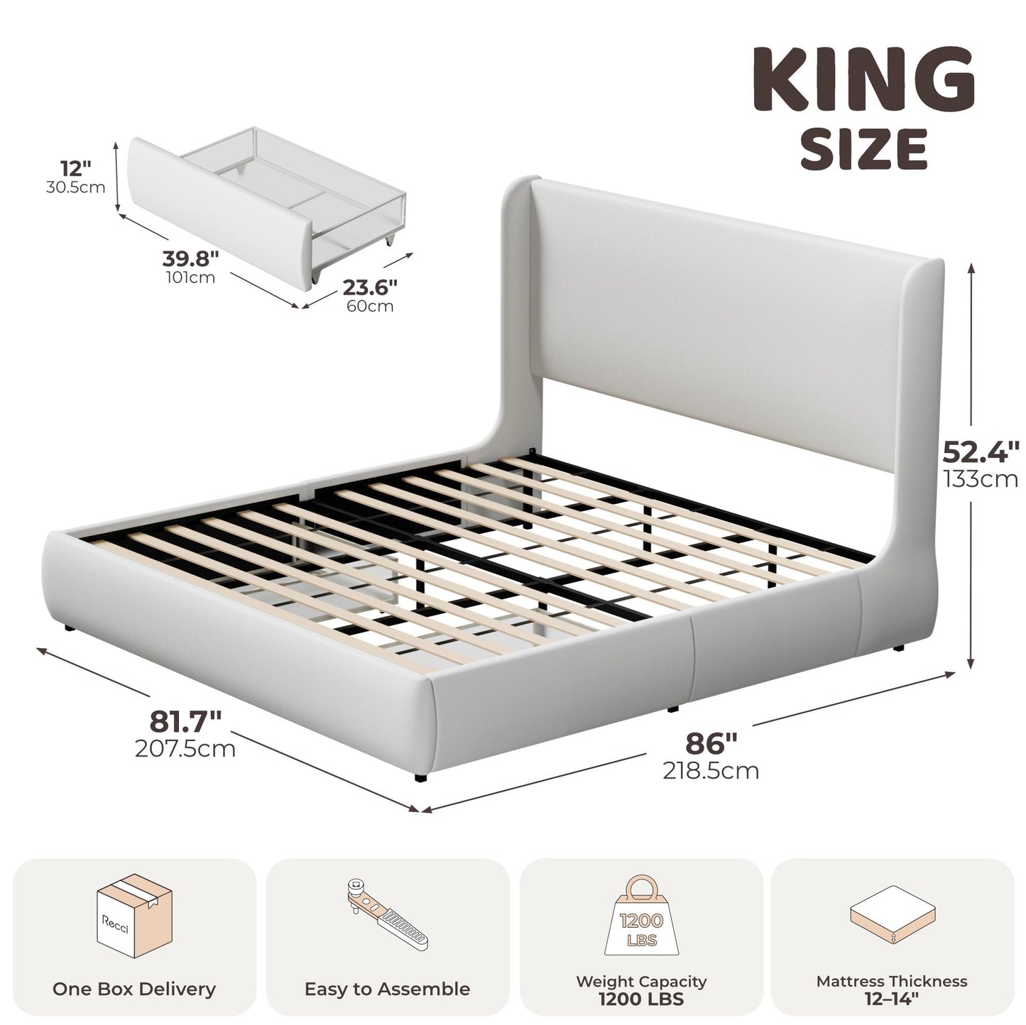 RECCI King Upholstered Wingback Bed Frame with Storage Drawers, 52” Tall Cushioned Headboard, Soft Edges, Low Profile Platform Bed, Sturdy Wood Slats, No Box Spring Needed, Ivory White Canvas