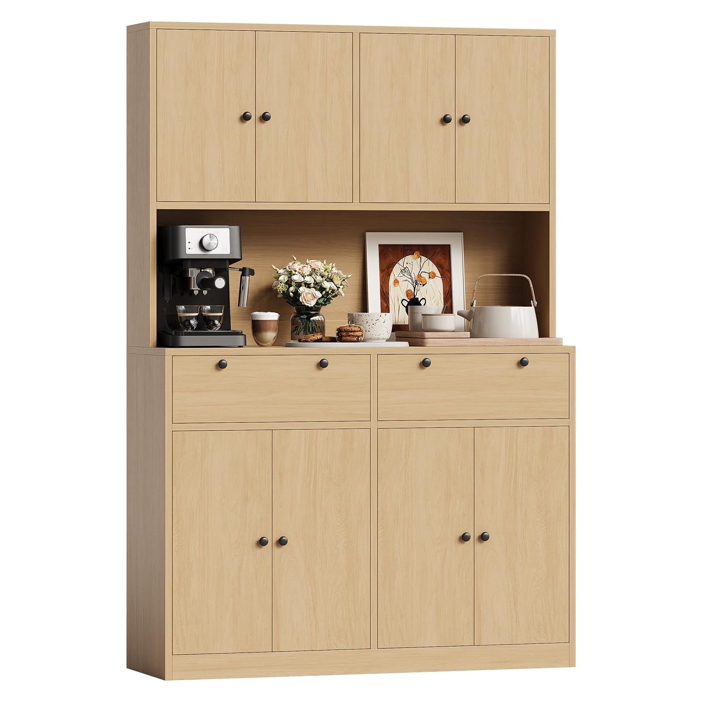 71" Tall Kitchen Pantry Storage Cabinet with Charging Station, Modern Tall Kitchen Hutch with Microwave Countertop, Wood Food Pantry Cabinet for Dining Room with Drawers and Doors for Dining Room