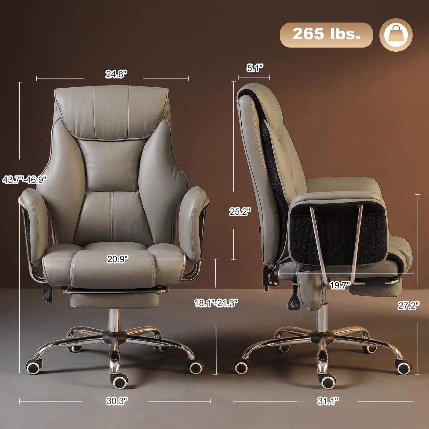 HOMCOM Massage Office Chair with 6-Point Vibration, Overstuffed Reclining Desk Chair with High Back, PU Leather, Footrest, Thick Spring Cushion, Lumbar Support, Grey