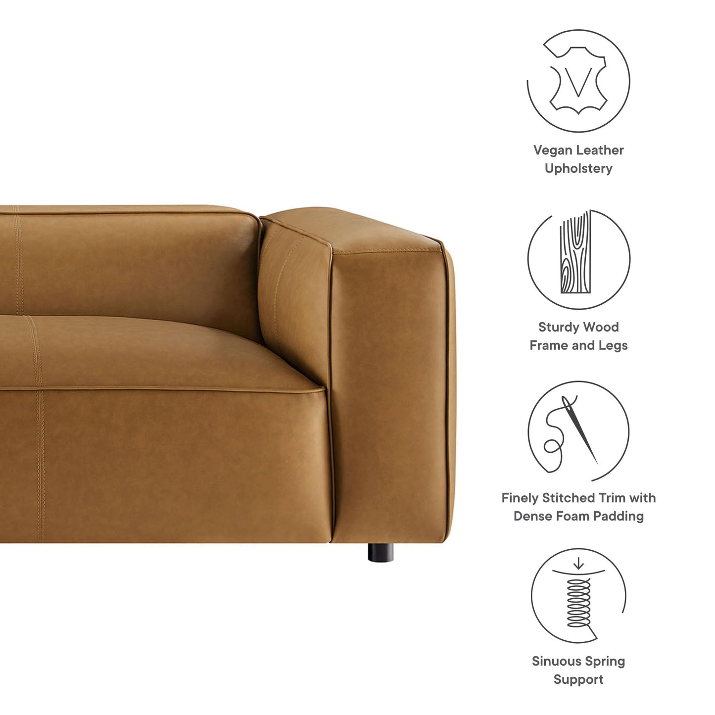 Modway Auren Vegan Leather Sofa in Camel - Faux Leather 3 Seater Couch - 88 Inch Comfy Modern PU Leather Sofa - Oversized Mid Century Modern Couch for Living Room, Apartment, Loft