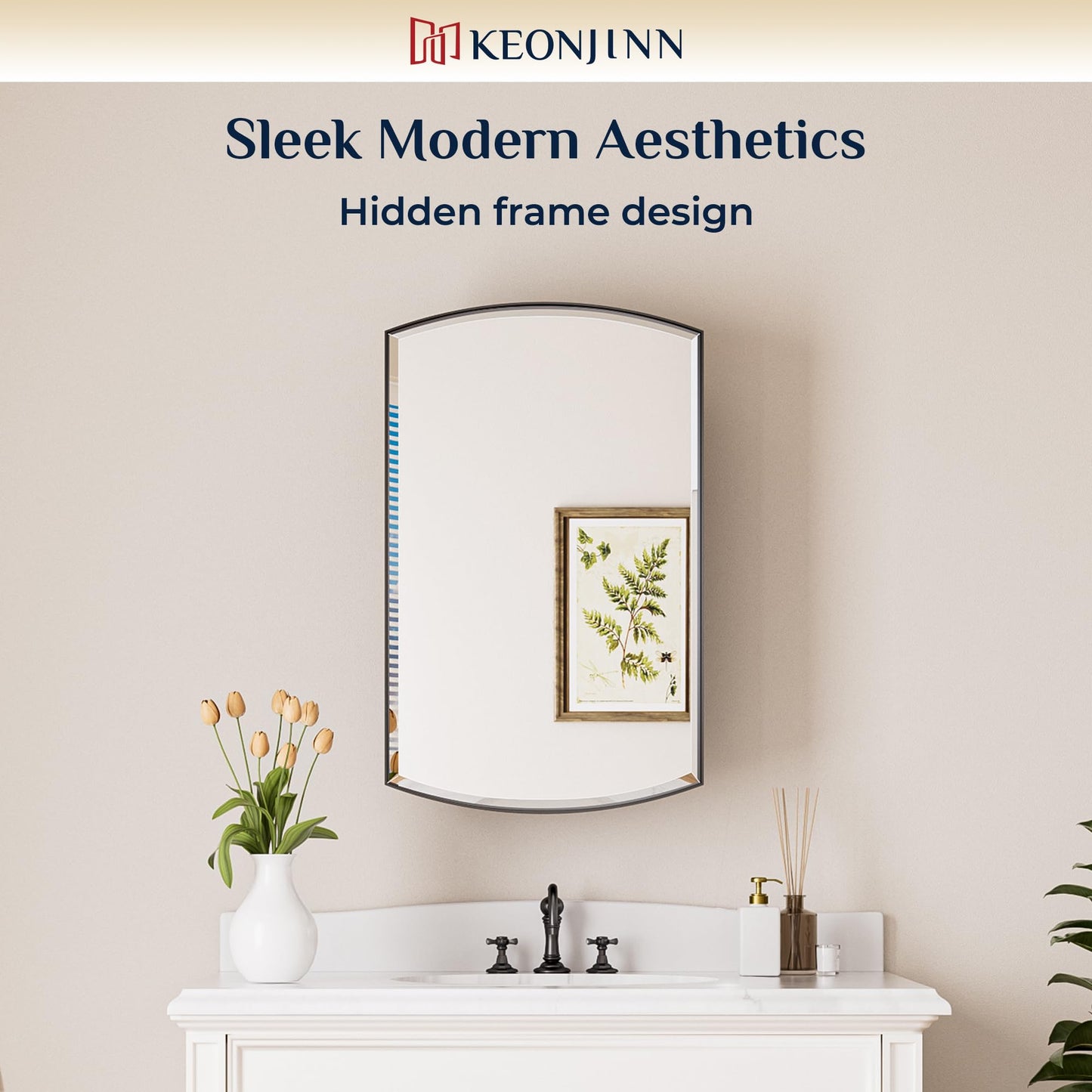 Keonjinn Black Medicine Cabinet with Mirror 20” x 30”, Metal Framed Wall Cabinet with Beveled Mirror, Surface Mount or Recessed Arched Medicine Cabinet for Bathroom,Bathroom Mirror with Storage