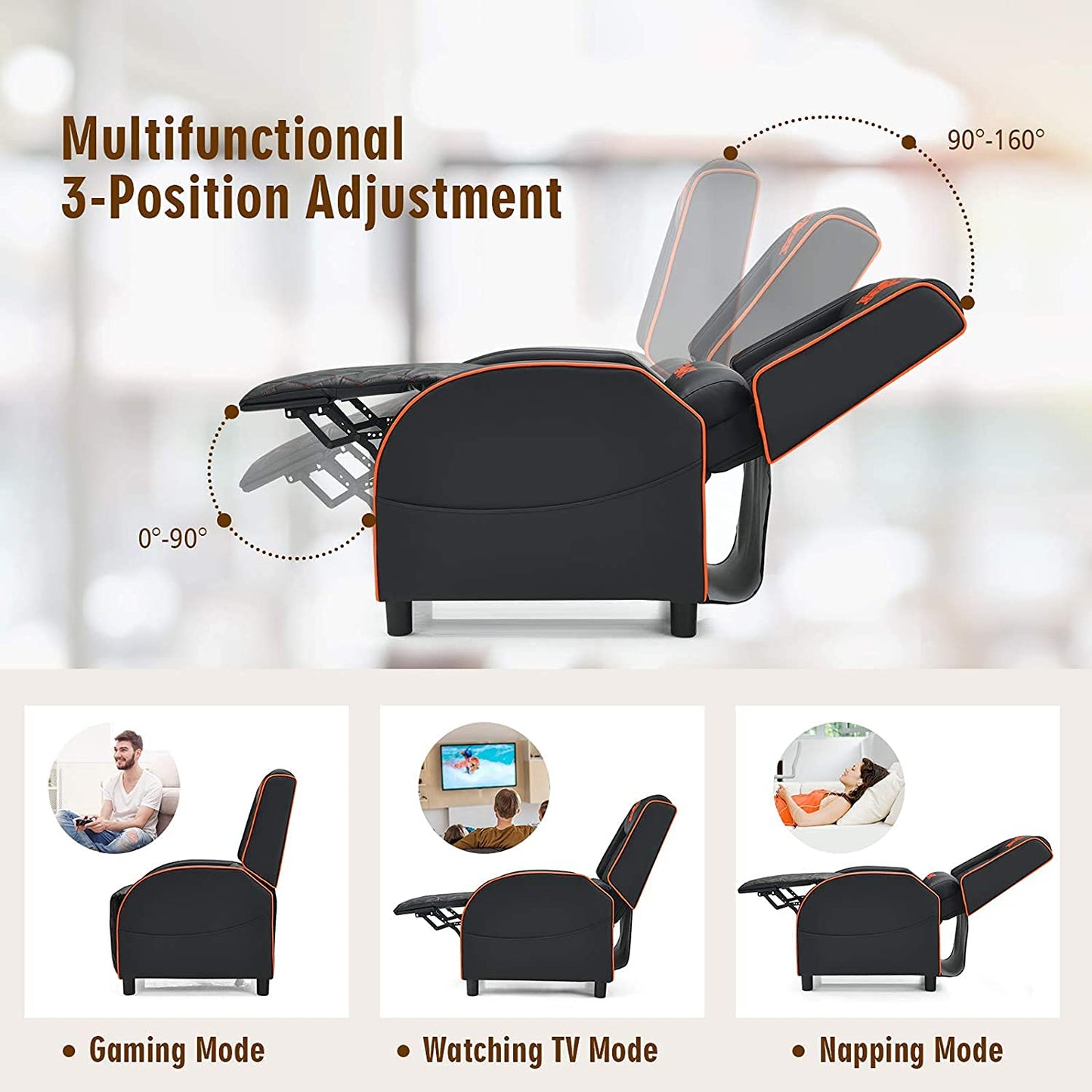 CHEFJOY Massage Gaming Recliner Chair, PU Ergonomic Single Sofa w/Headrest, Lumbar Support, Racing Style Reclining Home Theater Seating for Living Bedroom Gaming Room (Orange)